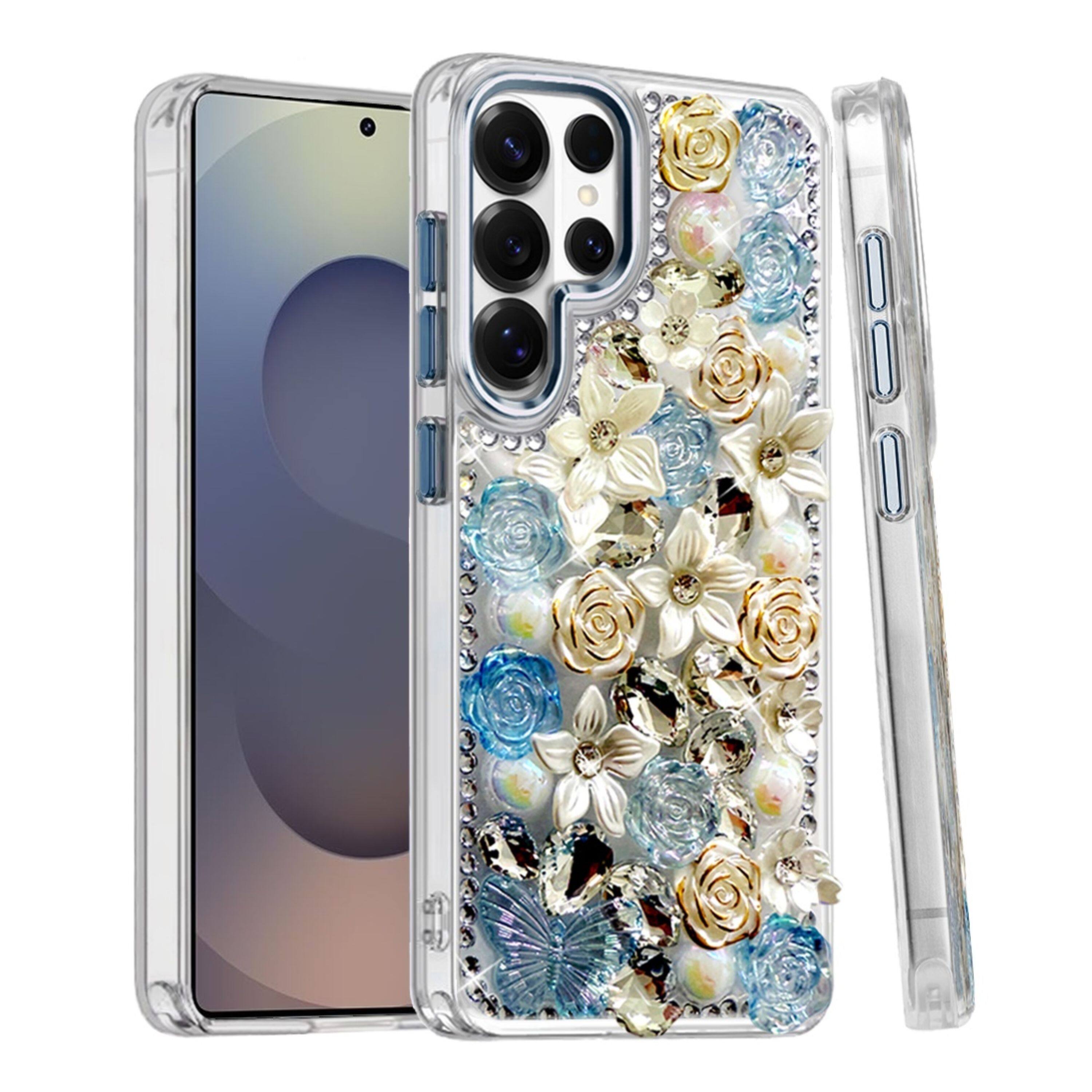 Left. Kitcheniva - Full Floral Arrangement 3D Bling Design Phone Case With Tempered Glass For Samsung Galaxy S25 Ultra Blue - Blue.