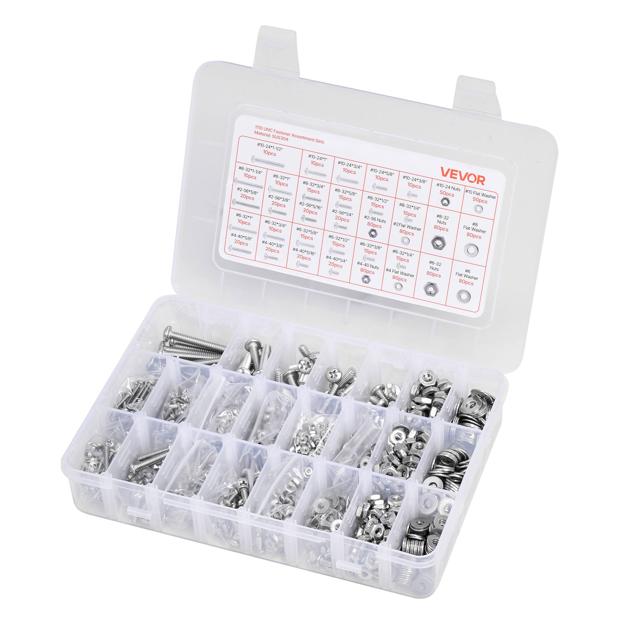Sure, here is the corrected and grouped text:

---

**VEVOR**

**178 UNC Fastener Assortment**

**Material:** Stainless Steel

**#8-32 x 1/2"**
- 10pcs

**#8-32 x 3/4"**
- 10pcs

**#8-32 x 1"**
- 10pcs

**#8-32 x 1-1/4"**
- 10pcs

**#8-32 x 1-1/2"**
- 10pcs

**#8-32 x 2"**
- 10pcs

**#8-32 x 2-1/2"**
- 10pcs

**#8-32 x 3"**
- 10pcs

**#8-32 x 3-1/2"**
- 10pcs

**#8-32 x 4"**
- 10pcs

**#8-32 x 4-1/2"**
- 10pcs

**#8-32 x 5"**
-