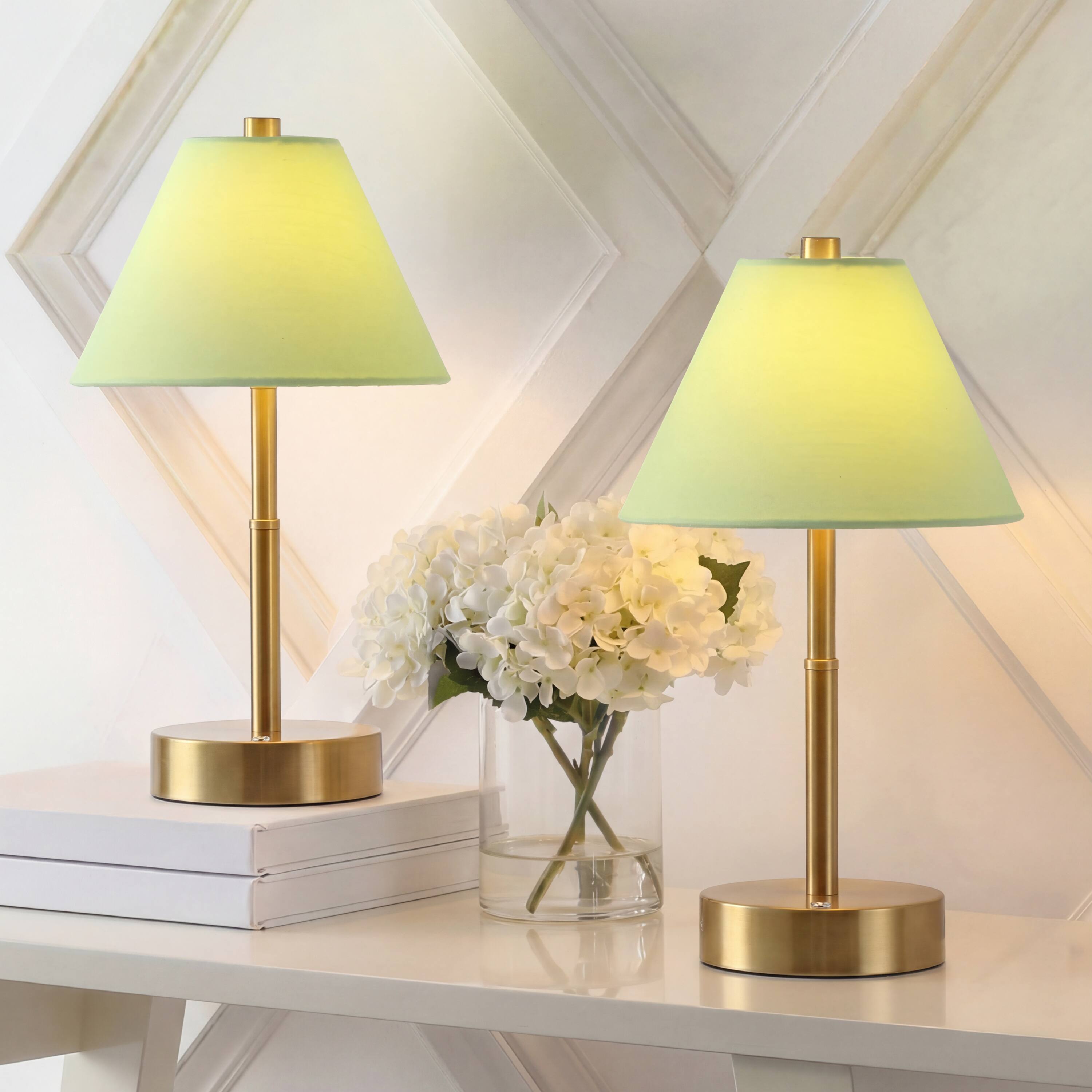 Alt View 1. Jonathan Y - Cordelia 11.13" Metal Candlestick Rechargeable Table Lamp Set of 2 Brass Gold with Green Shade and Touch Sensor Dimmer - Brass Gold.
