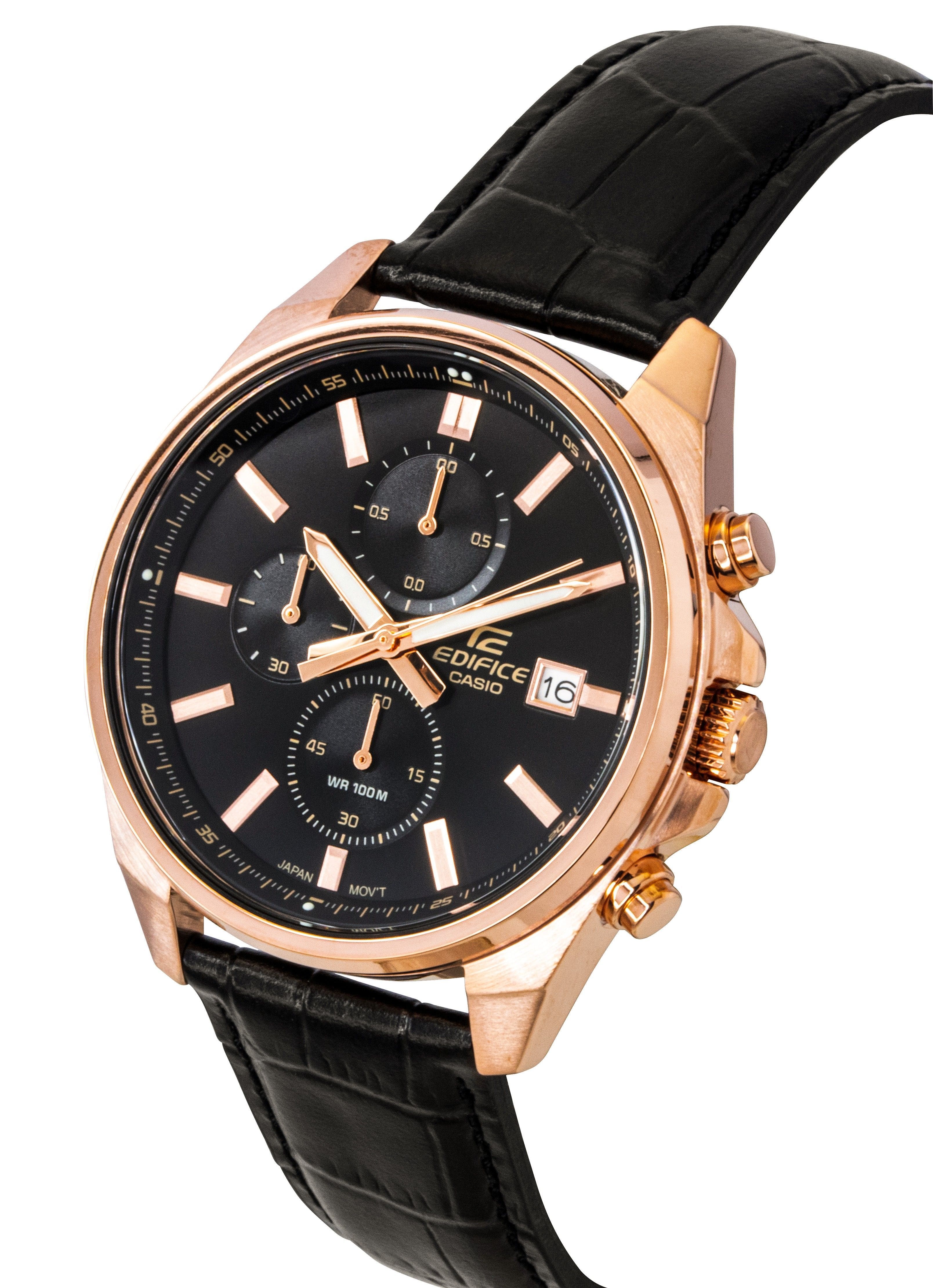 Casio Edifice Analog Chronograph Leather Strap Black Dial Quartz