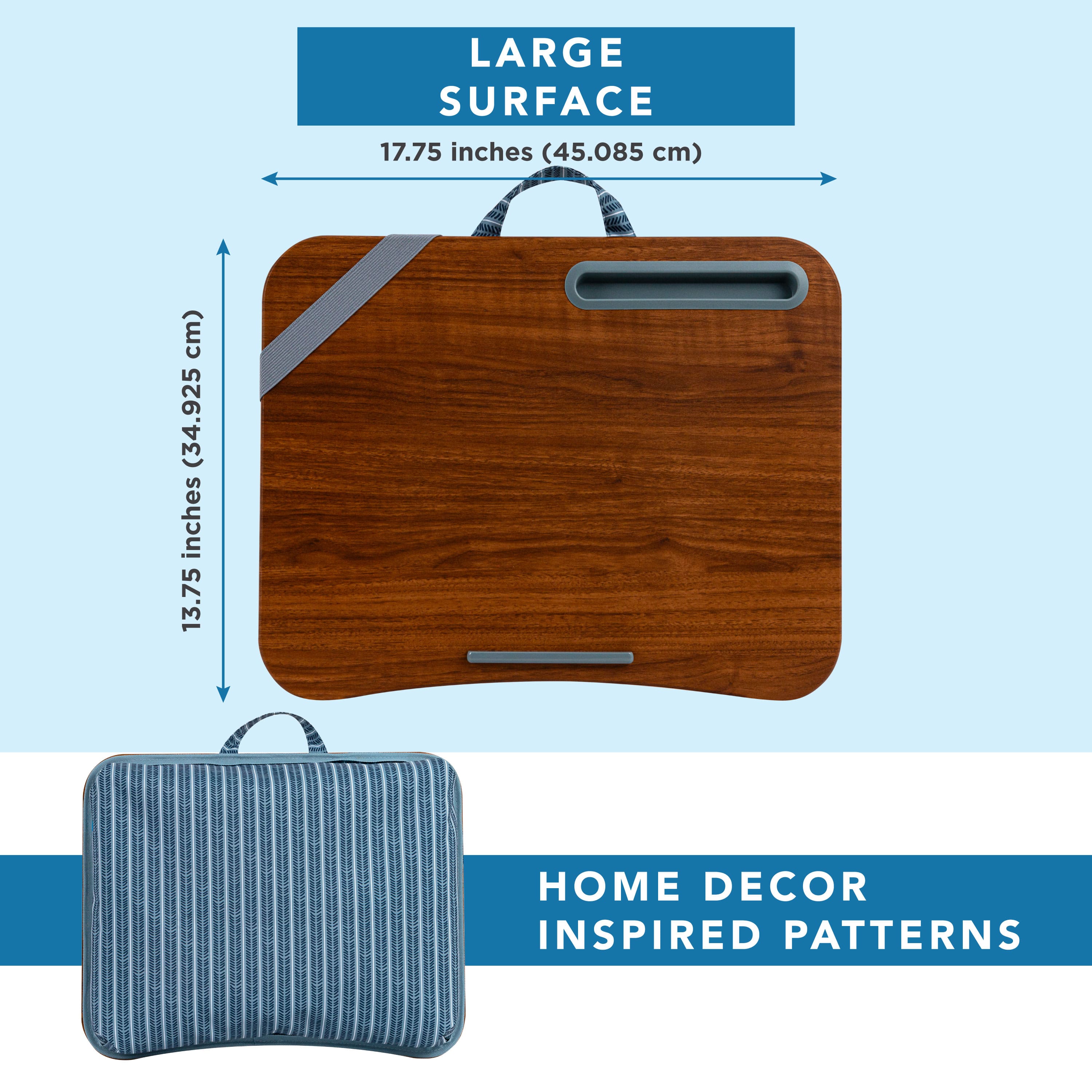 The image features a wooden surface with a suitcase on top of it. The suitcase is placed on a large surface, which measures 17.75 inches (45.085 cm) in size. The image also showcases home decor inspired patterns, possibly indicating that the wooden surface is part of a decorative item or a piece of furniture.