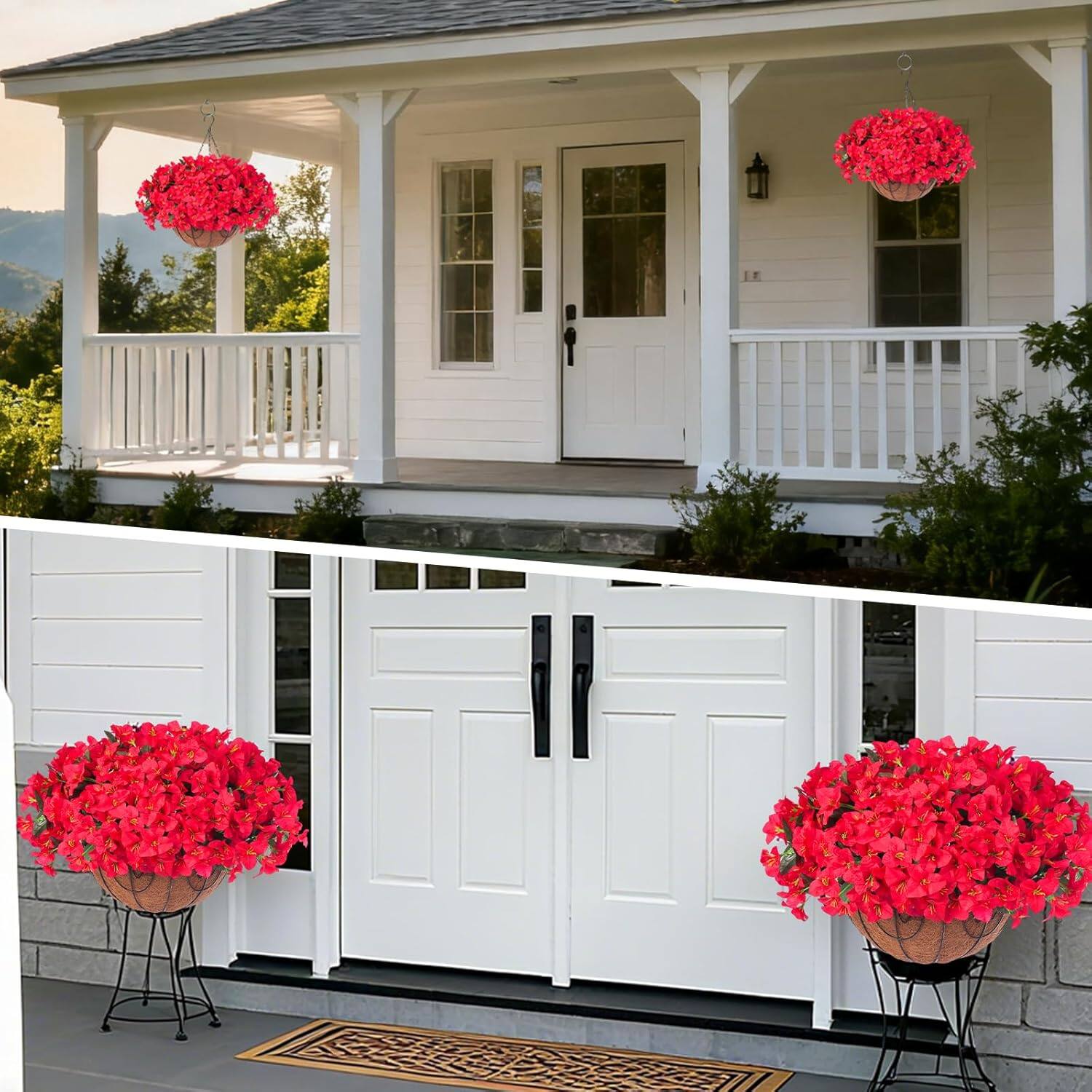Angle. Homhougo - Artificial Geraniums Hanging Baskets, 2 Pack Faux Outdoor Flowers Hanging Plants, 12 PCS Lifelike Geraniums for Front - Red.