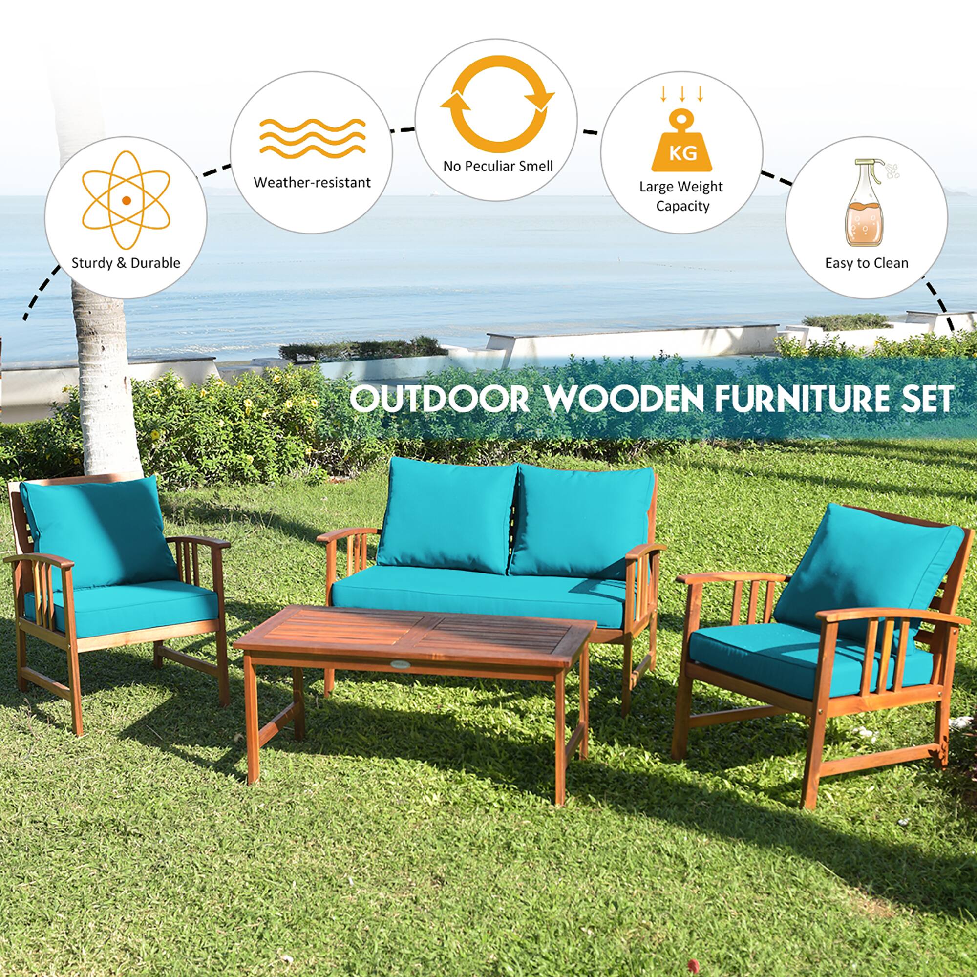 Weather-resistant  
No Peculiar Smell  
KG Large Weight Capacity  
Sturdy & Durable  
Easy to Clean  
OUTDOOR WOODEN FURNITURE SET