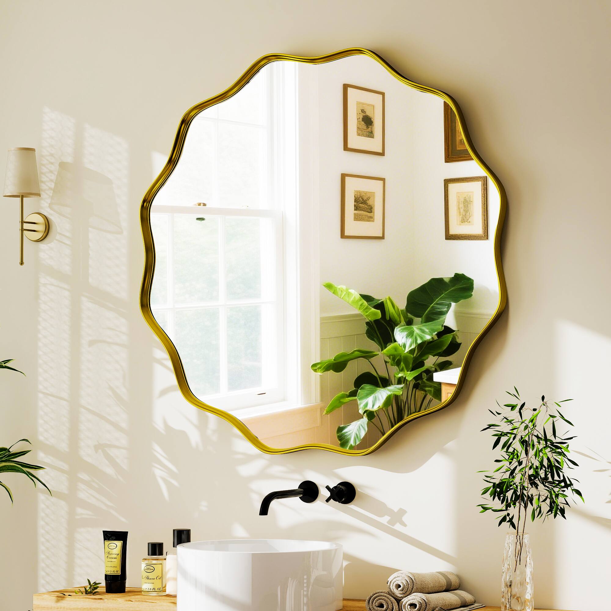 Angle. Easly - Gold 30 in. W x 30 in. H Round Aluminum Alloy Framed Vanity Wall Mirror - Gold.