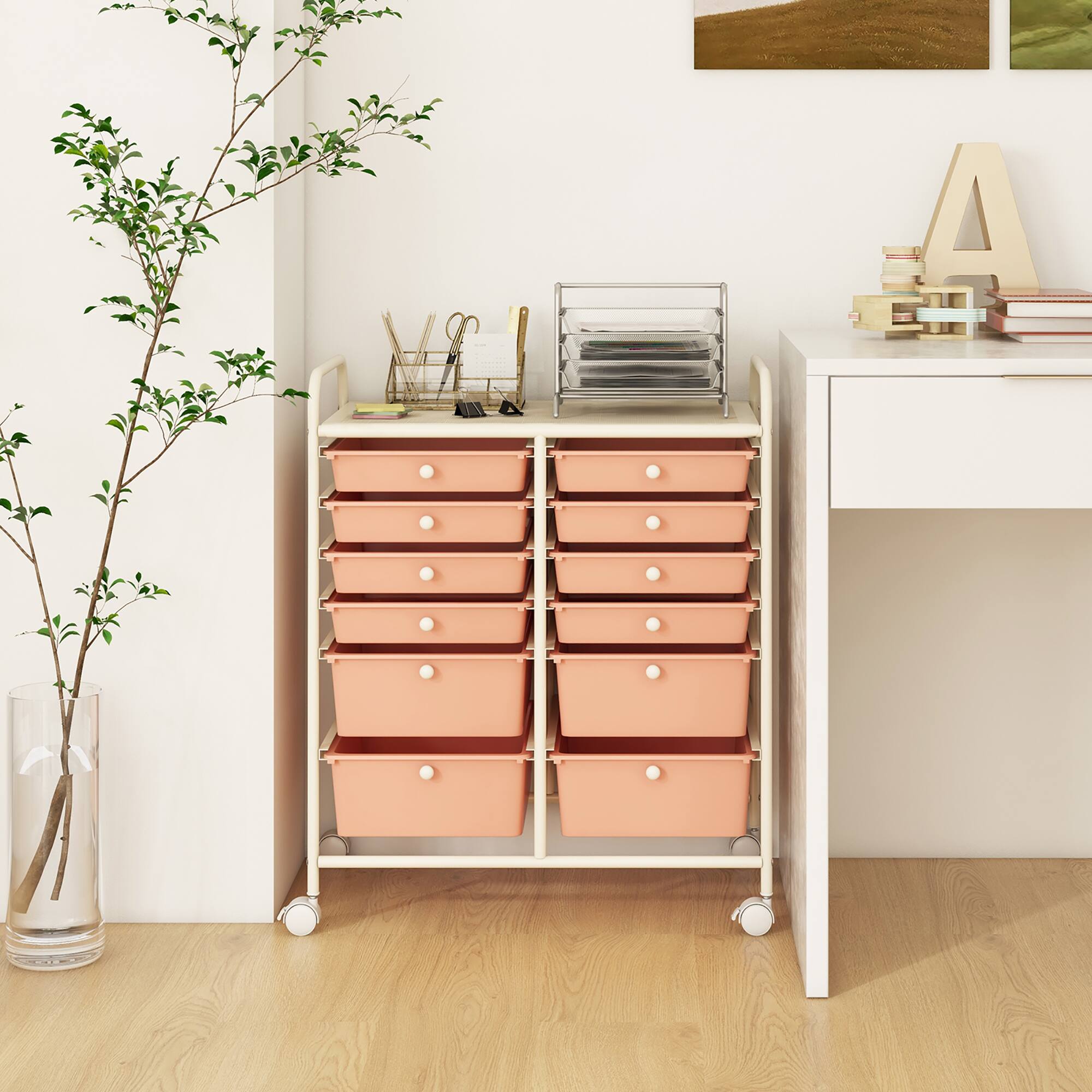 Alt View 3. Gymax - Gymax 12-Drawer Rolling Storage Cart w/ 2 Sizes Plastic Drawers Skin Pink - Skin Pink.