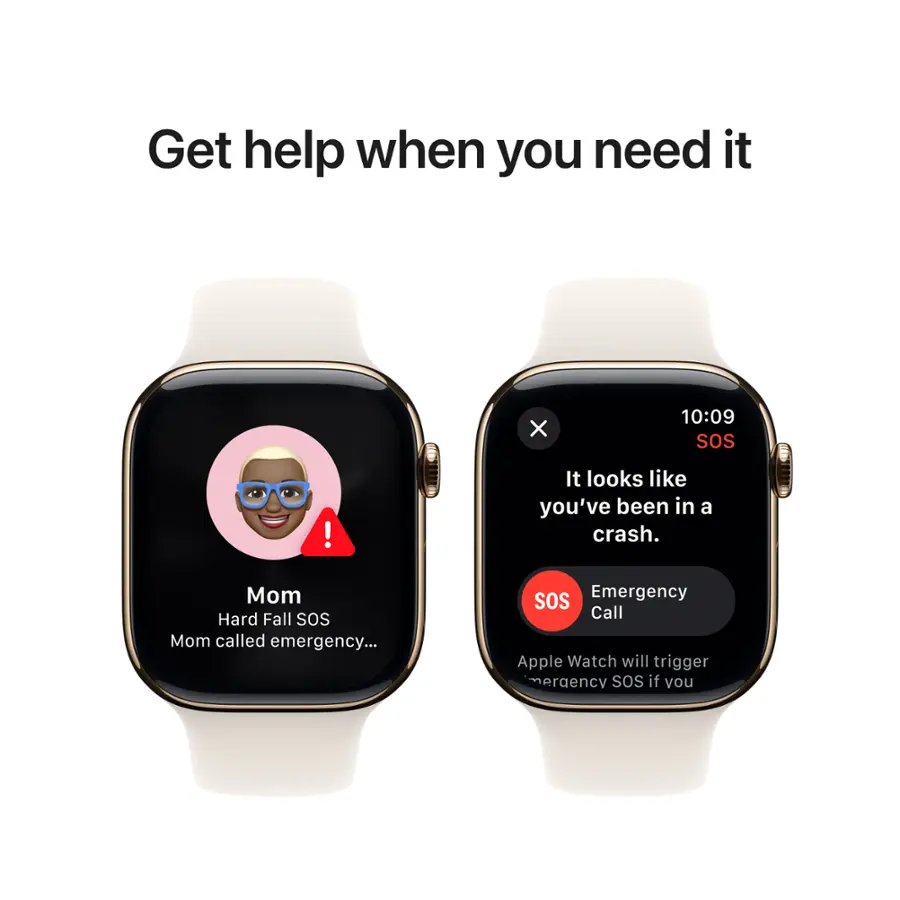 Get help when you need it. It looks like you've been in a crash. Mom called emergency SOS. Apple Watch will trigger emergency SOS if you need it.