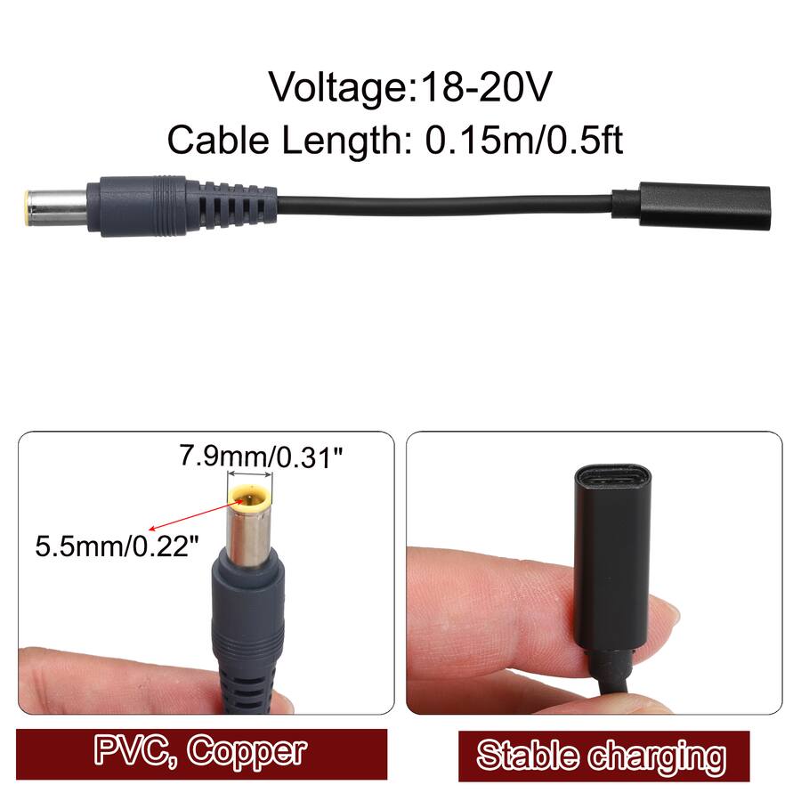Unique Bargains 0.5FT USB C to DC 7.9x5.5mm PD Charging Cable, 18 20V/3 ...
