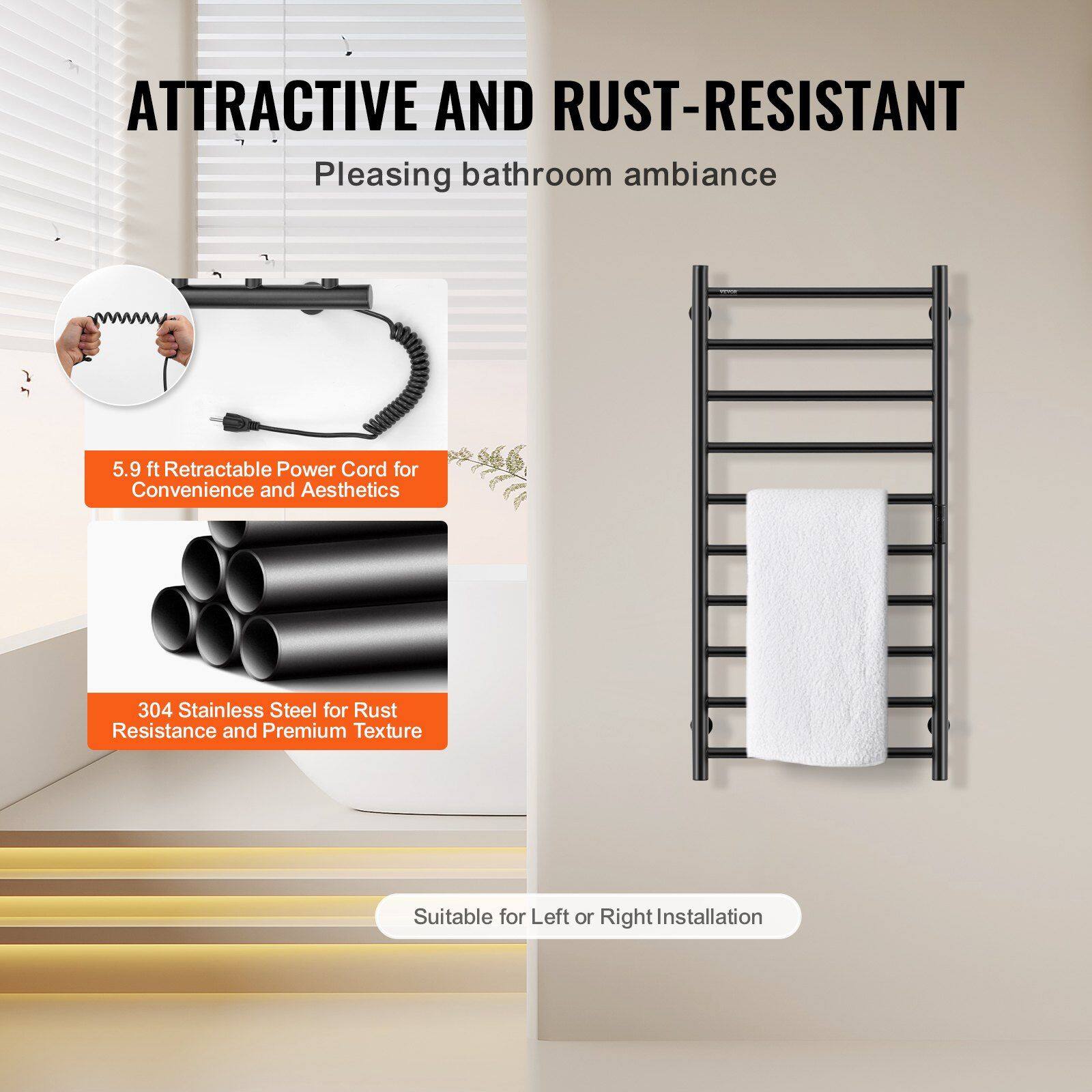 **ATTRACTIVE AND RUST-RESISTANT**

Pleasing bathroom ambiance

- **5.9 ft Retractable Power Cord for Convenience and Aesthetics**
- **304 Stainless Steel for Rust Resistance and Premium Texture**
- **Suitable for Left or Right Installation**