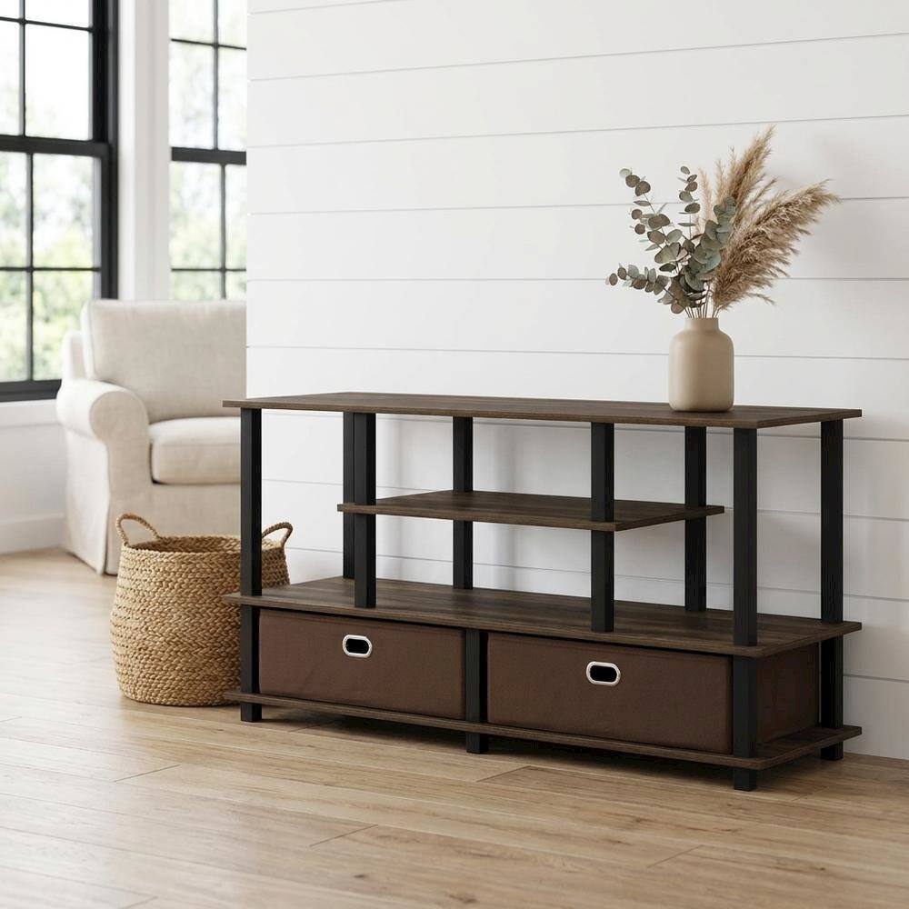 Alt View 1. FurniFact - Wood TV stand for up to 50-inch with storage bin in dark brown and black finish - Brown Black.