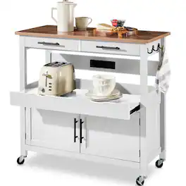 Best Choice Products - 36in Large Rolling Kitchen Island Cart, 2-Door Cabinet, Outlet, Hooks, & Wheels - White
