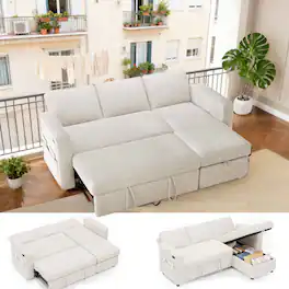 Vipbear - 81" Sleeper Sofa Bed with Pull Out Bed L Shaped Sectional Sleeper Sofa, Tool-Free Assembly, Chenille Beige - Beige