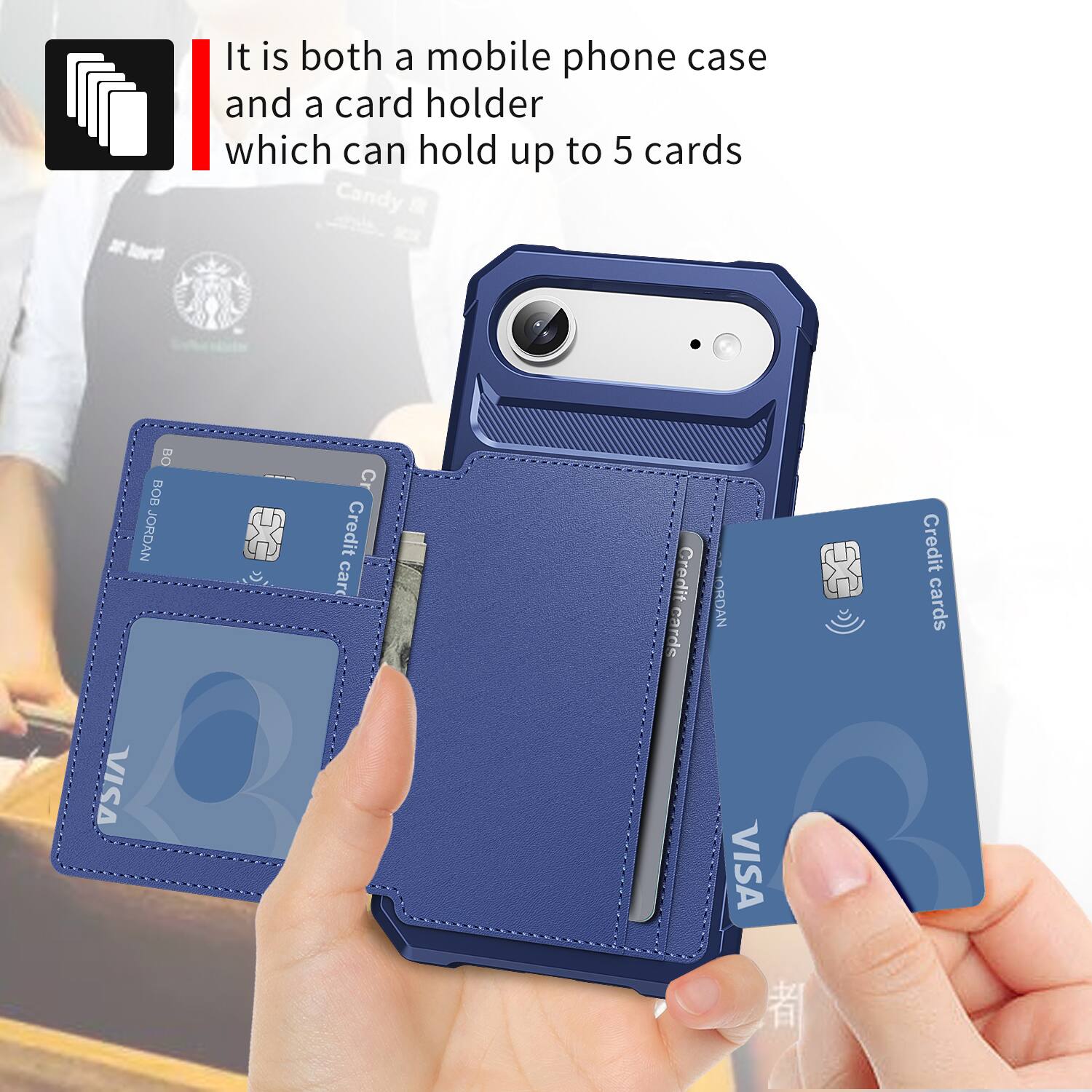 It is both a mobile phone case and a card holder which can hold up to 5 cards.