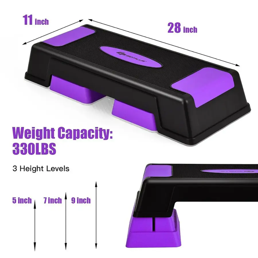 The image features a purple weight capacity platform with a weight capacity of 330 lbs. The platform has three height levels, as indicated by the 5 inch, 7 inch, and 9 inch measurements. The platform is designed to support a wide range of weights and heights, making it suitable for various fitness and exercise activities.