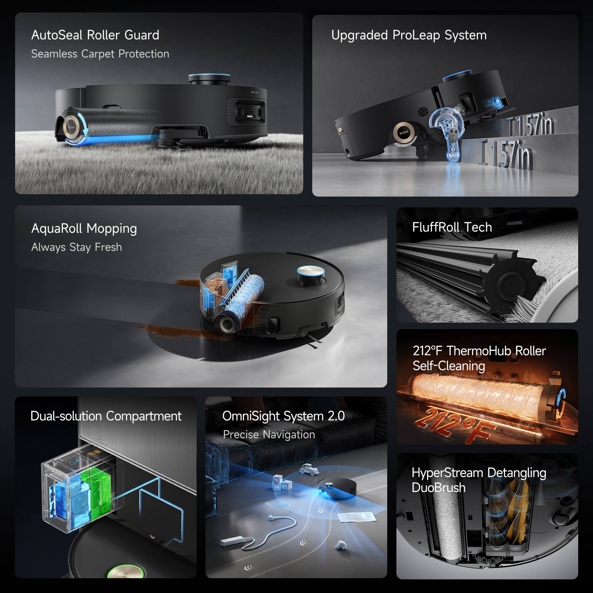 AutoSeal Roller Guard  
Seamless Carpet Protection  

Upgraded ProLeap System  

AquaRoll Mopping  
Always Stay Fresh  

FluffRoll Tech  

Dual-solution Compartment  

OmniSight System 2.0  
Precise Navigation  

212°F ThermoHub Roller  
Self-Cleaning  

HyperStream Detangling  
DuoBrush