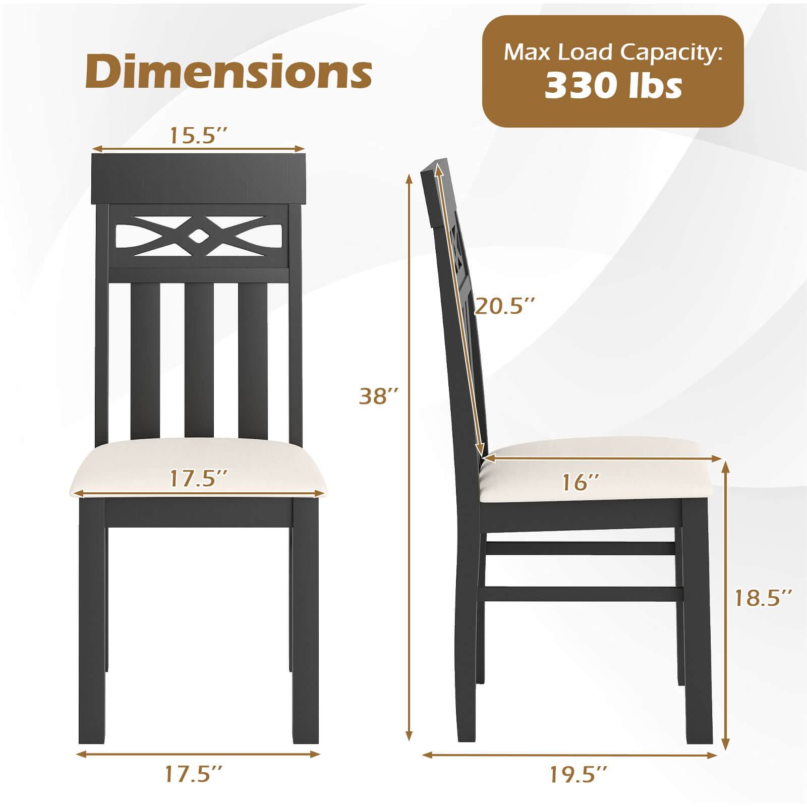 Dimensions:  
- Height: 38"  
- Seat Width: 17.5"  
- Seat Depth: 17.5"  
- Back Height: 20.5"  
- Back Width: 15.5"  
- Armrest Height: 18.5"  
- Armrest Width: 19.5"  

Max Load Capacity: 330 lbs