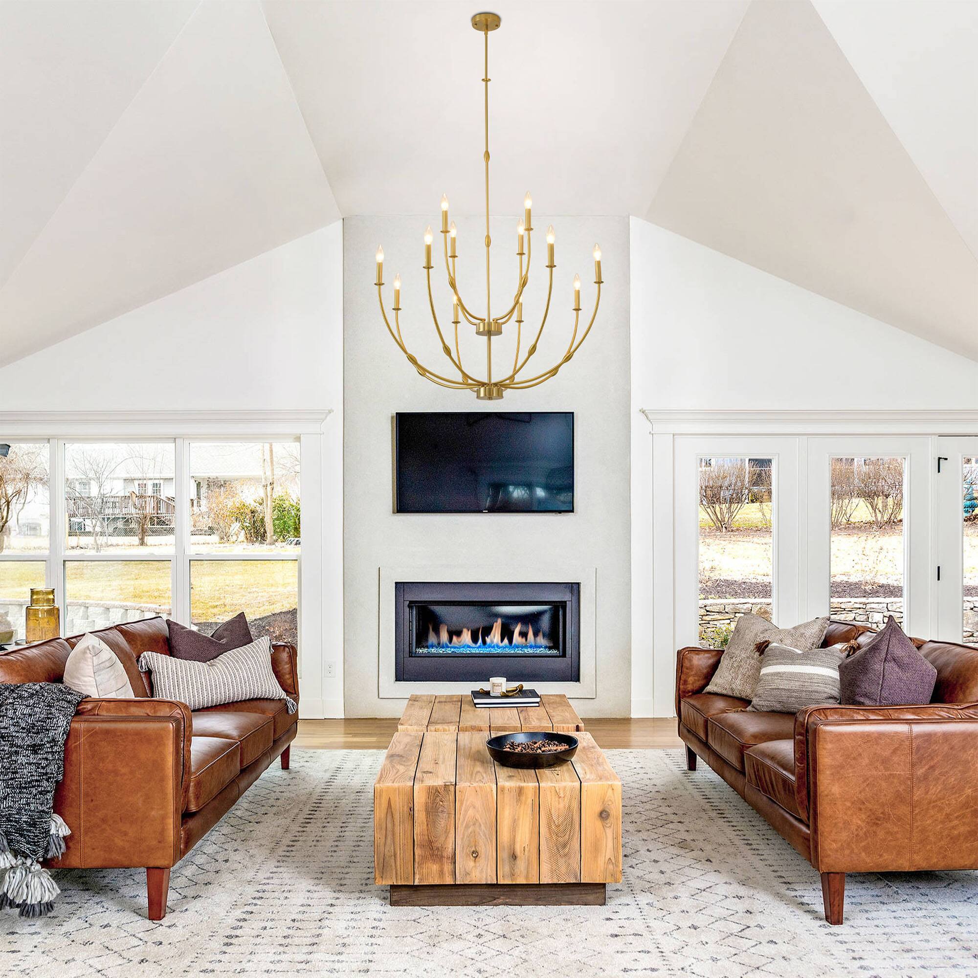 Angle. RYHNUYNE - 12-Light Gold Chandelier,2-Tier Rustic Candle Chandelier Light Fixture,High Ceiling Chandelier for Entryway Living Room - Gold.