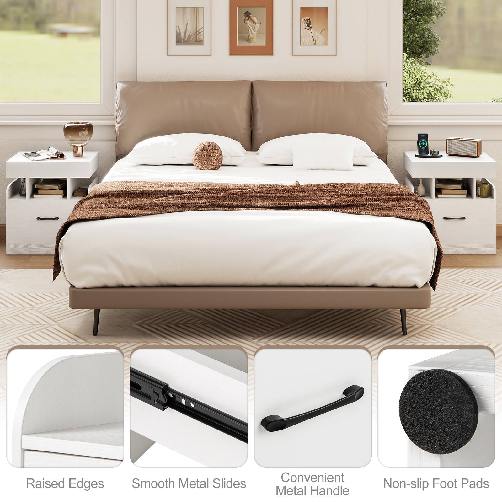 Raised Edges  
Smooth Metal Slides  
Convenient Metal Handle  
Non-slip Foot Pads