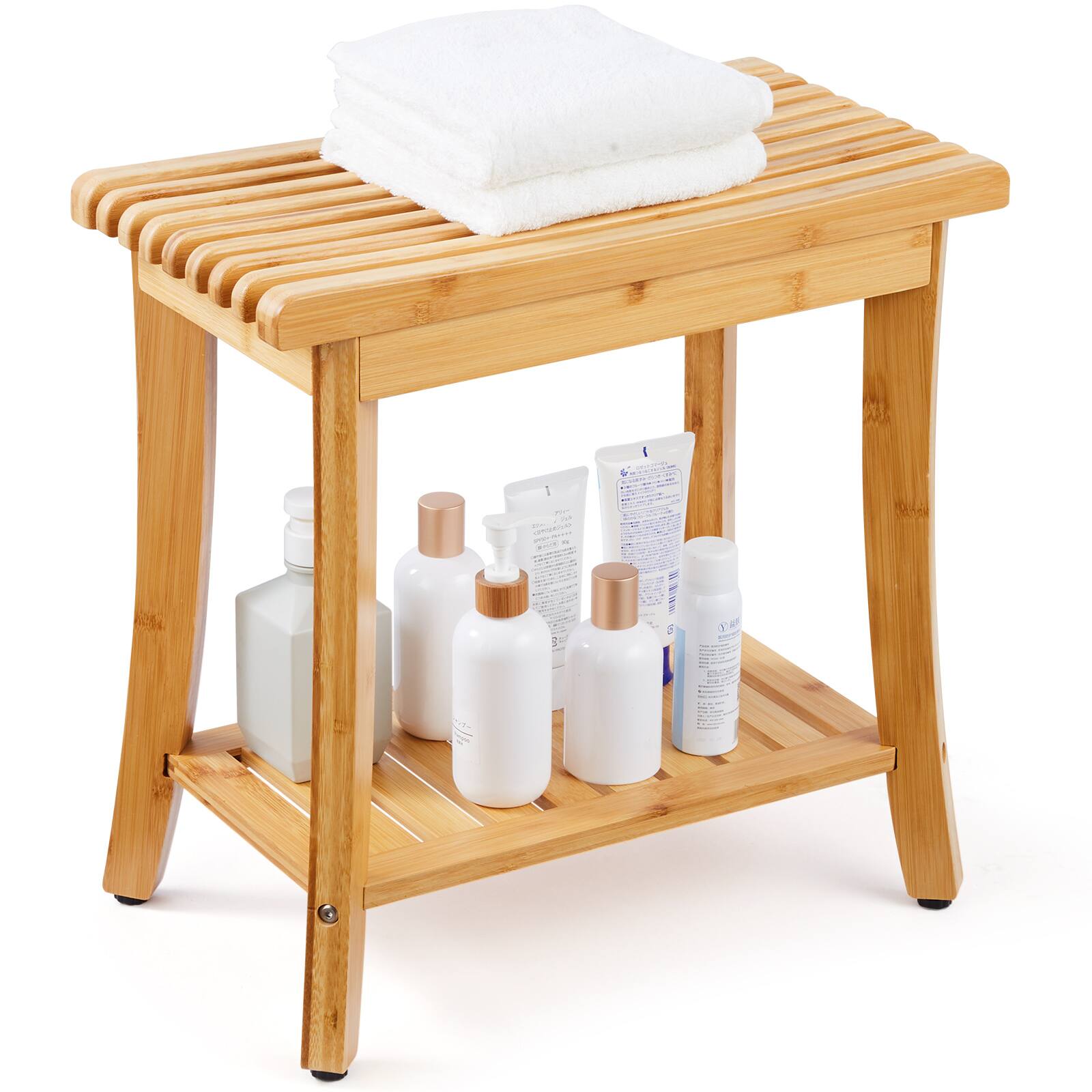 VEVOR - Shower Bench, 19.1 x 11.3 x 18.3 in, Waterproof Shower Stool Chair with Storage Shelf, 330lbs Load Capacity - Bamboo