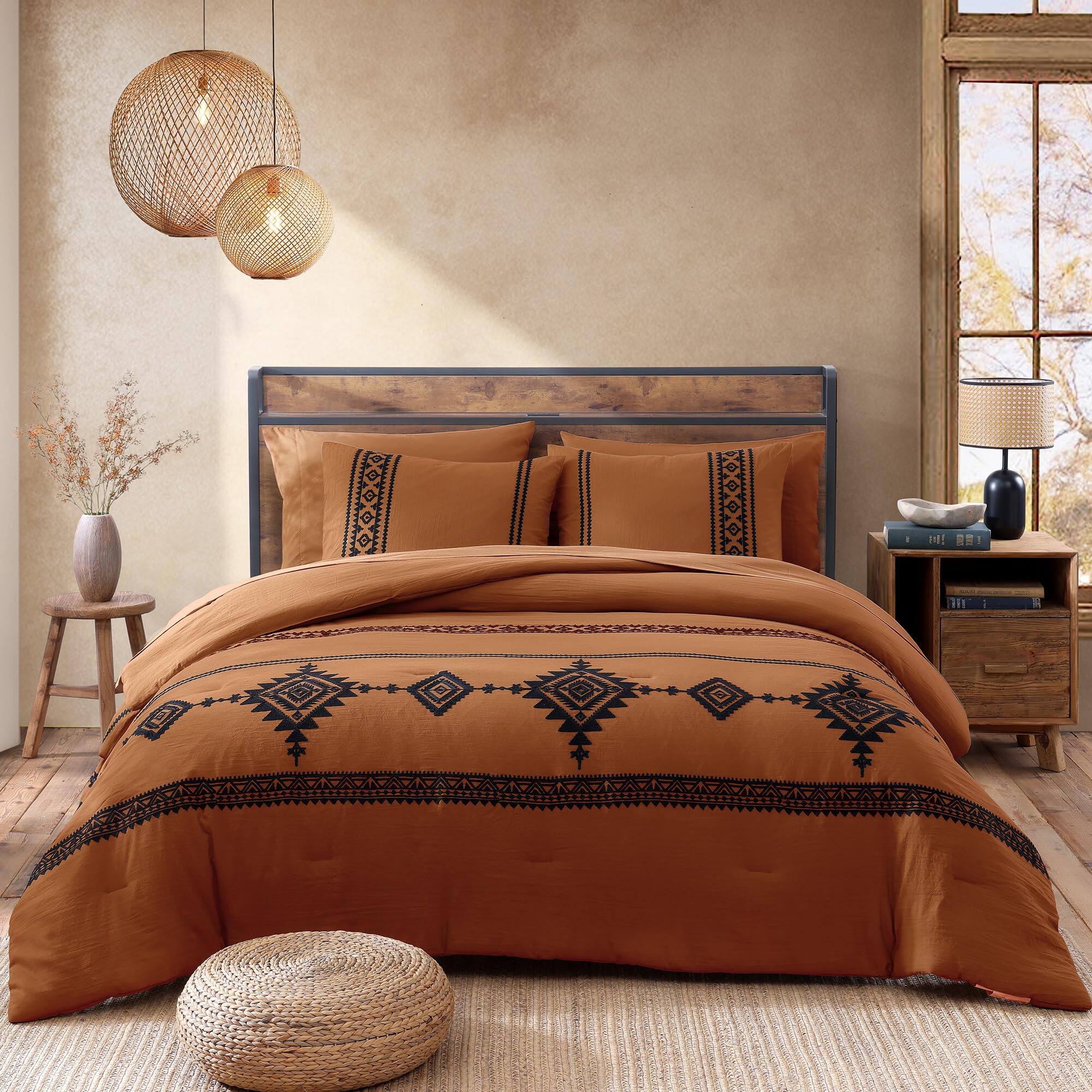 Alt View 1. PARKER SLATER - Burnt Orange Embroidery Comforters Set Queen Size - 7 Pieces Farmhouse Western Bedding All Season Bed In A Bag... - Frost White-King 7 Piece.