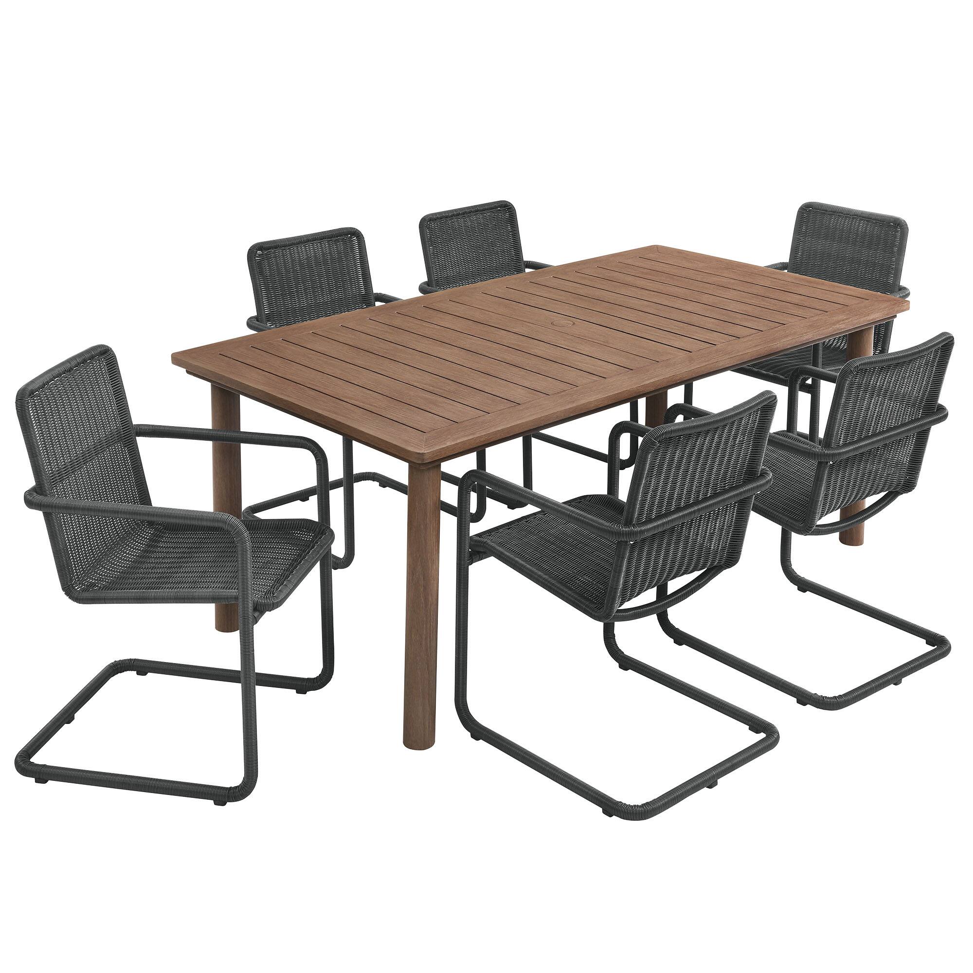 Front. Modway - Abacus 7-Piece Rectangular Outdoor Aluminum Dining Set with Rattan Armchairs - Slate Walnut.