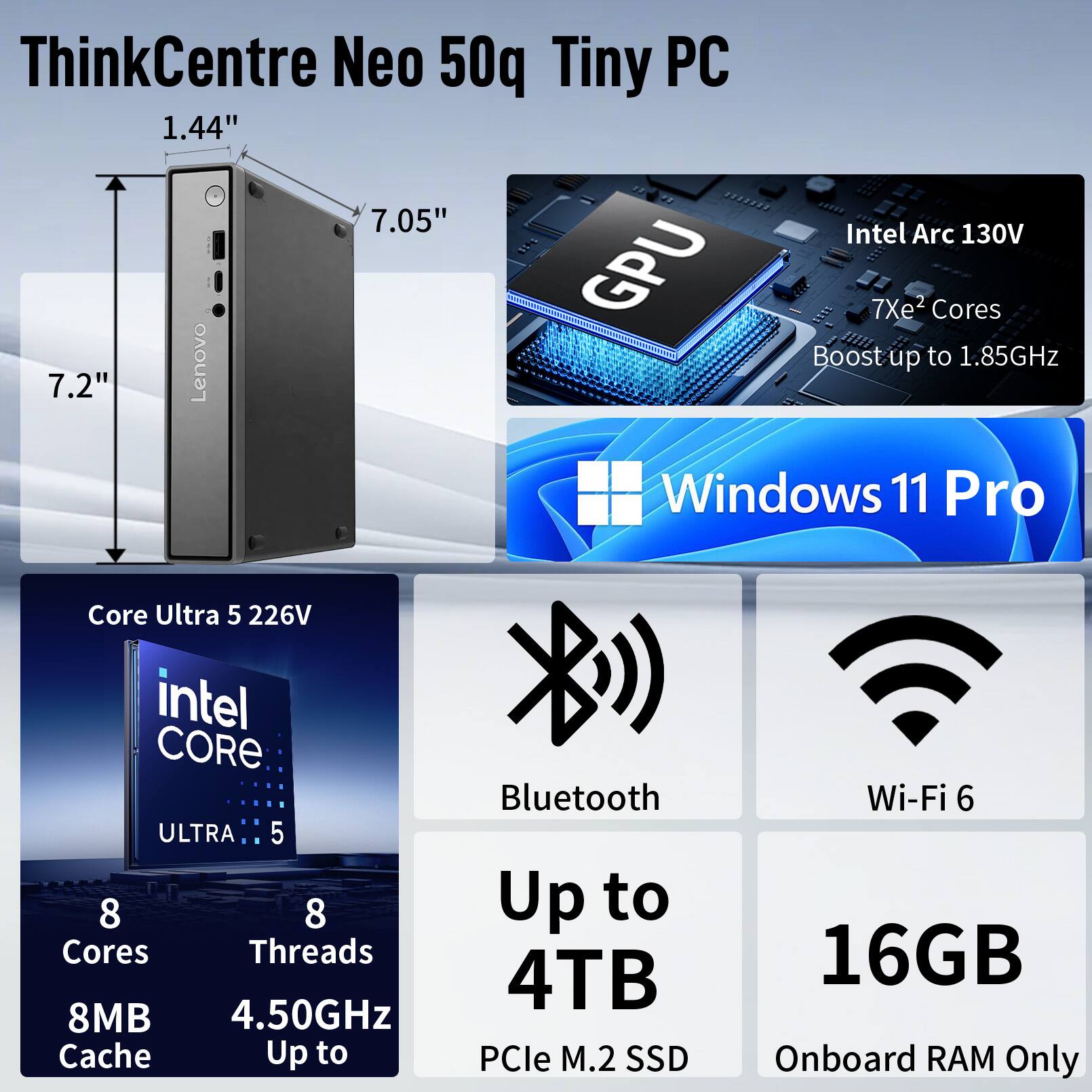 ThinkCentre Neo 50q Tiny PC  
1.44" x 7.05" x 7.2"  
Intel Arc 130V GPU  
7Xe2 Cores  
Lenovo Boost up to 1.85GHz  
Windows 11 Pro  

Core Ultra 5 226V  
Intel CORE ULTRA 5  
8 Cores  
8 Threads  
8MB Cache  
4.50GHz Up to  

Bluetooth  
Wi-Fi 6  
Up to 4TB PCIe M.2 SSD  
16GB Onboard RAM Only