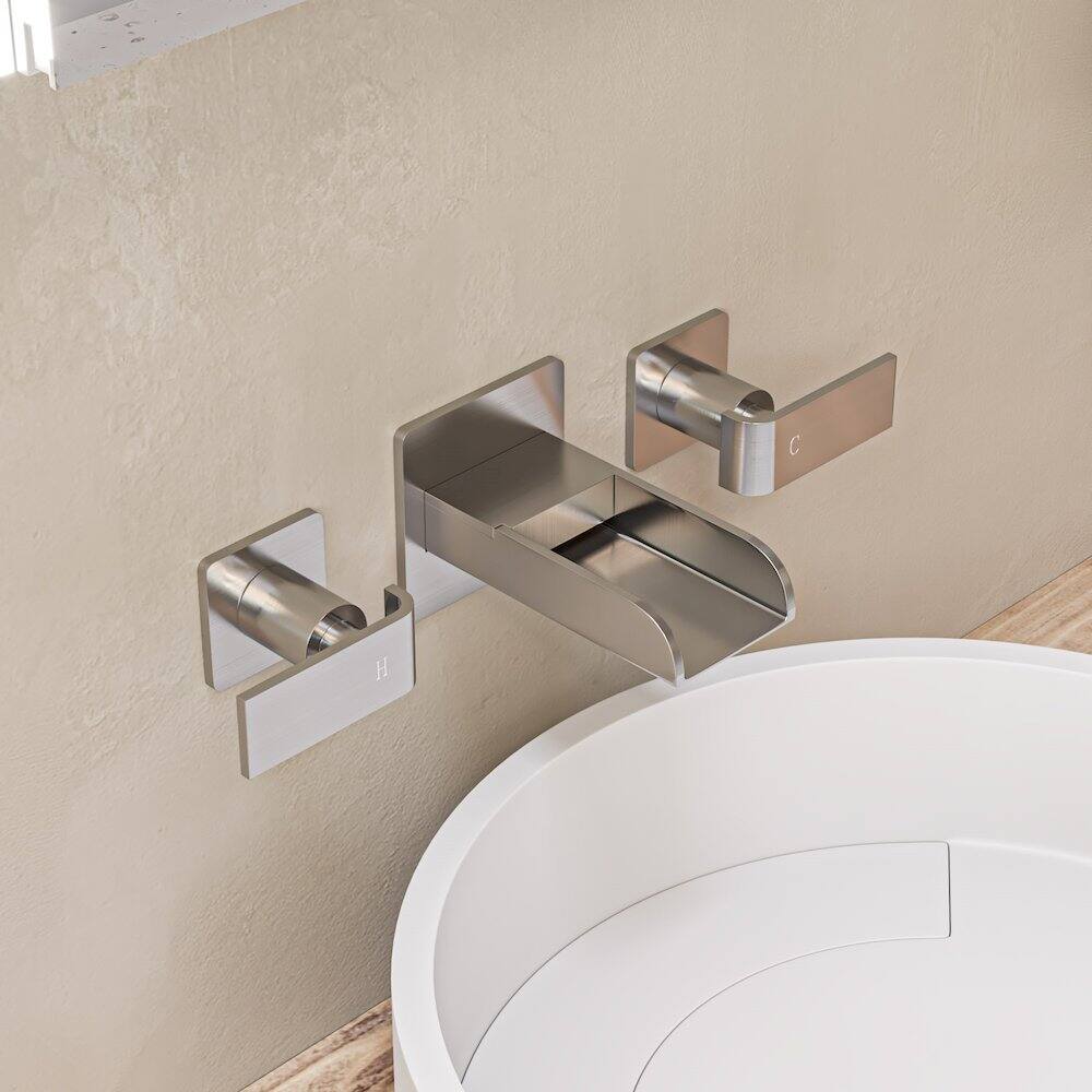Back. Alfi - Brushed Nickel Widespread Wall Mounted Modern Waterfall Bathroom Faucet - Silver.