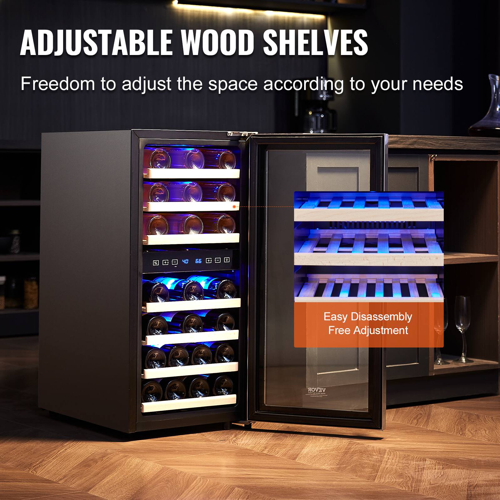 ADJUSTABLE WOOD SHELVES  
Freedom to adjust the space according to your needs  

F1  
66  

Easy Disassembly  
Free Adjustment  

VEVOR