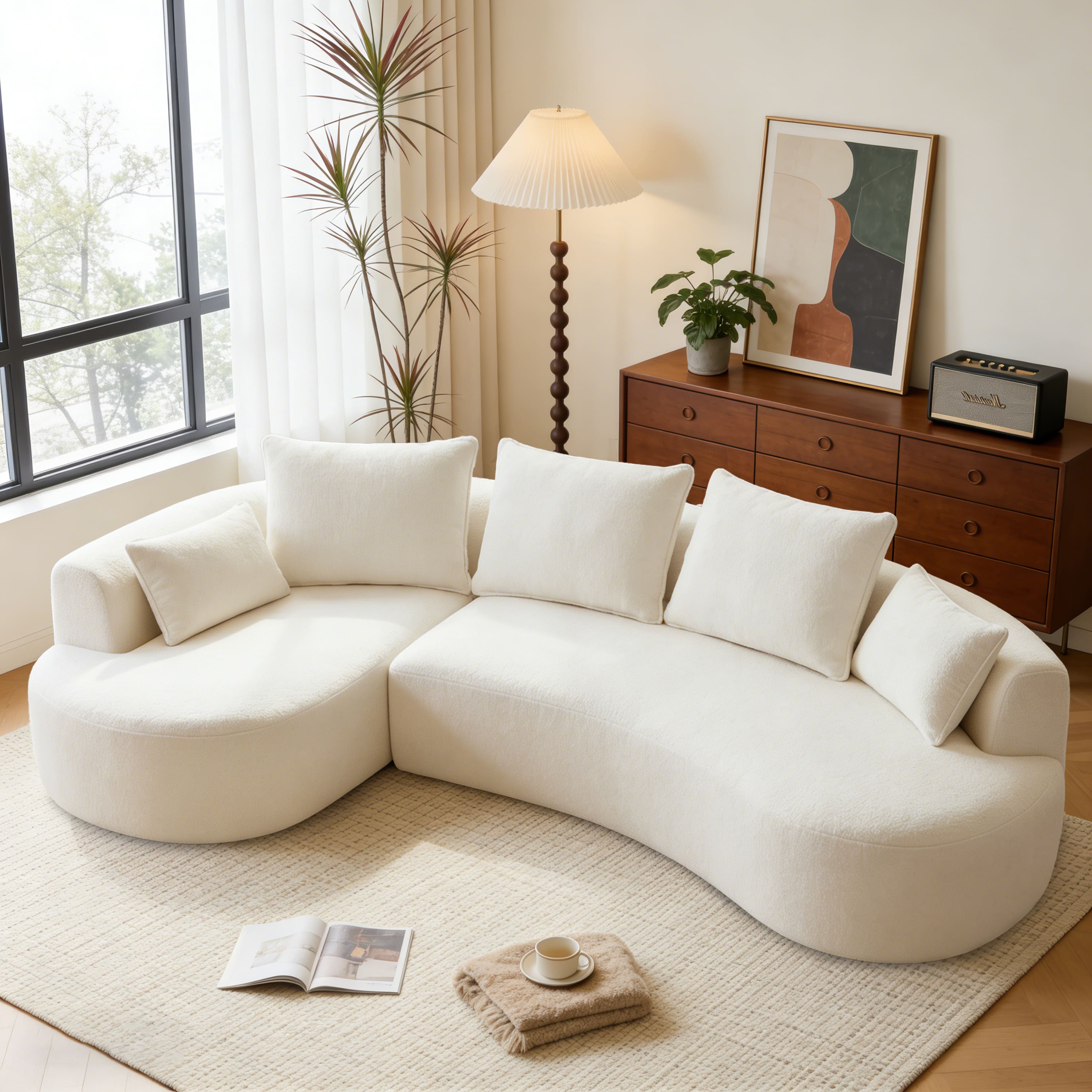 Dyonery - Alpaca wool full-compression irregular-shaped sofa, light white color, left side features a princess-style set. - Beige