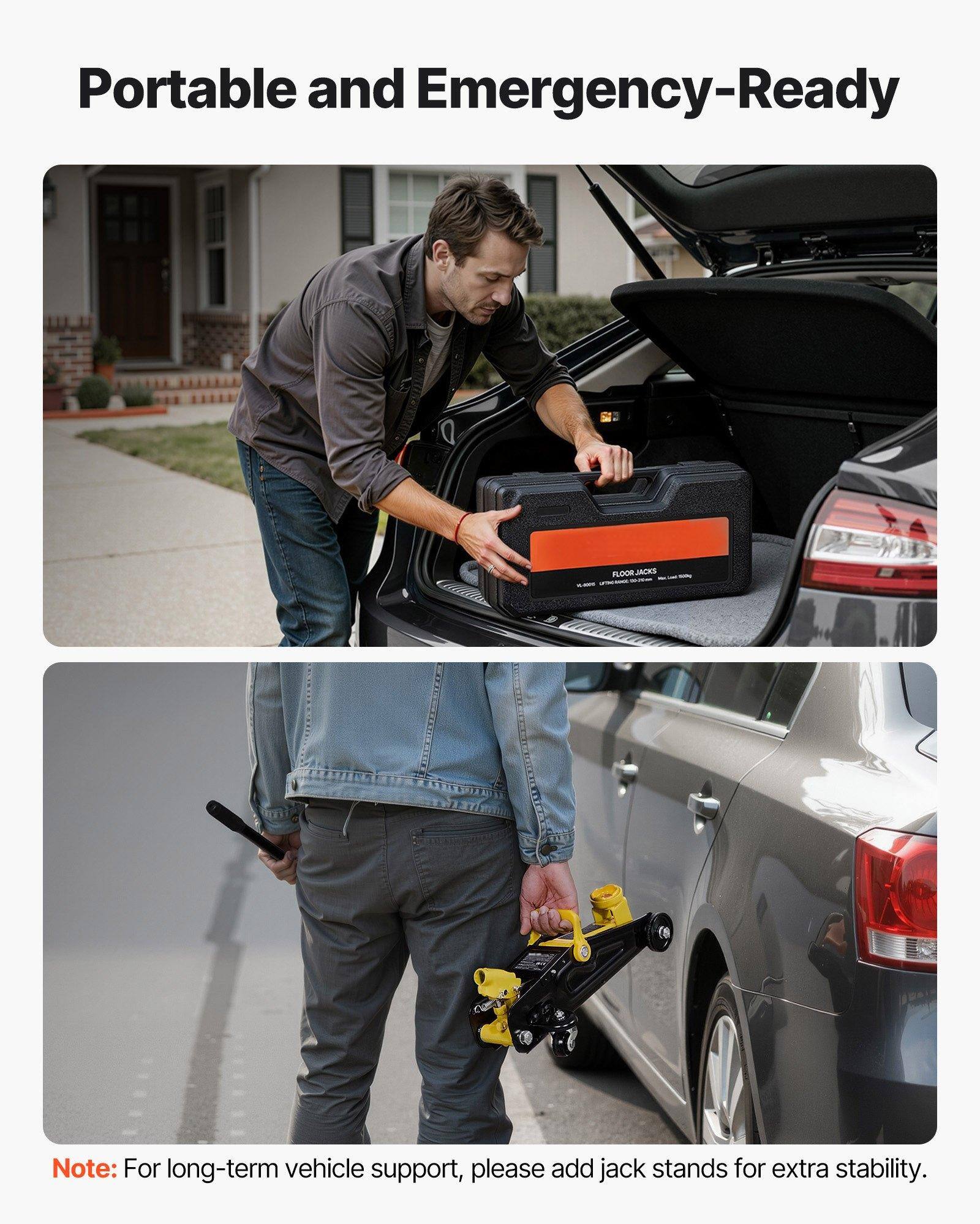 Portable and Emergency-Ready

Note: For long-term vehicle support, please add jack stands for extra stability.