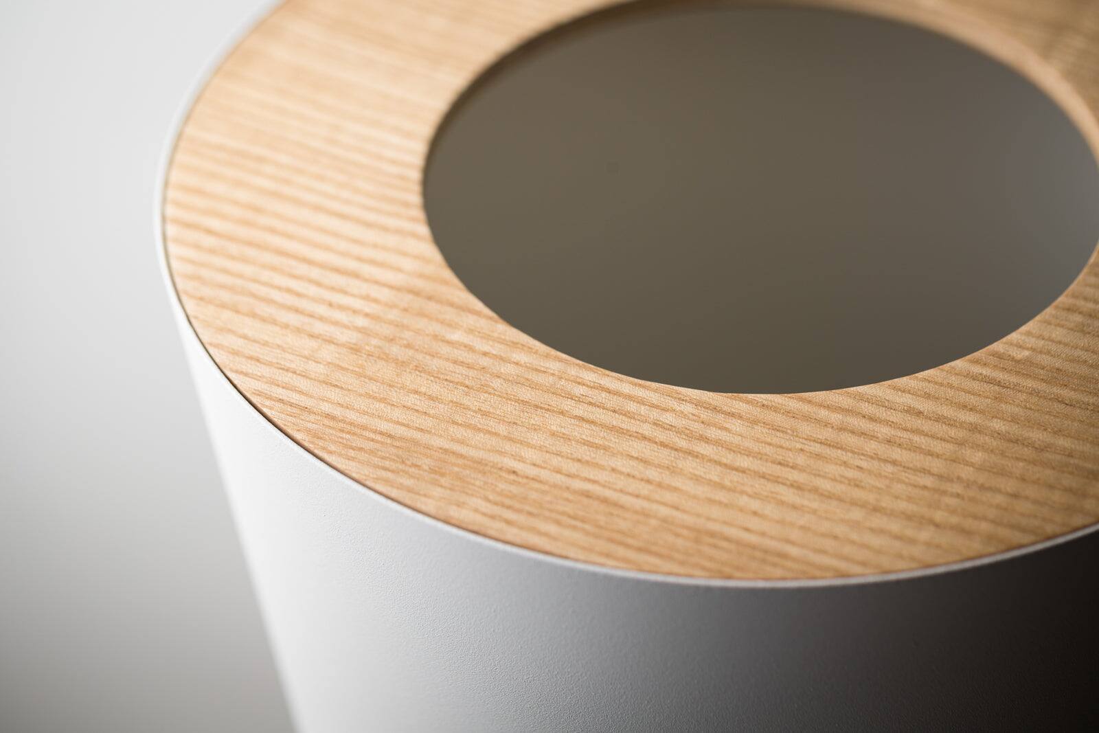 Alt View 2. Yamazaki Home - Trash Can - Round - Steel + Wood - White.