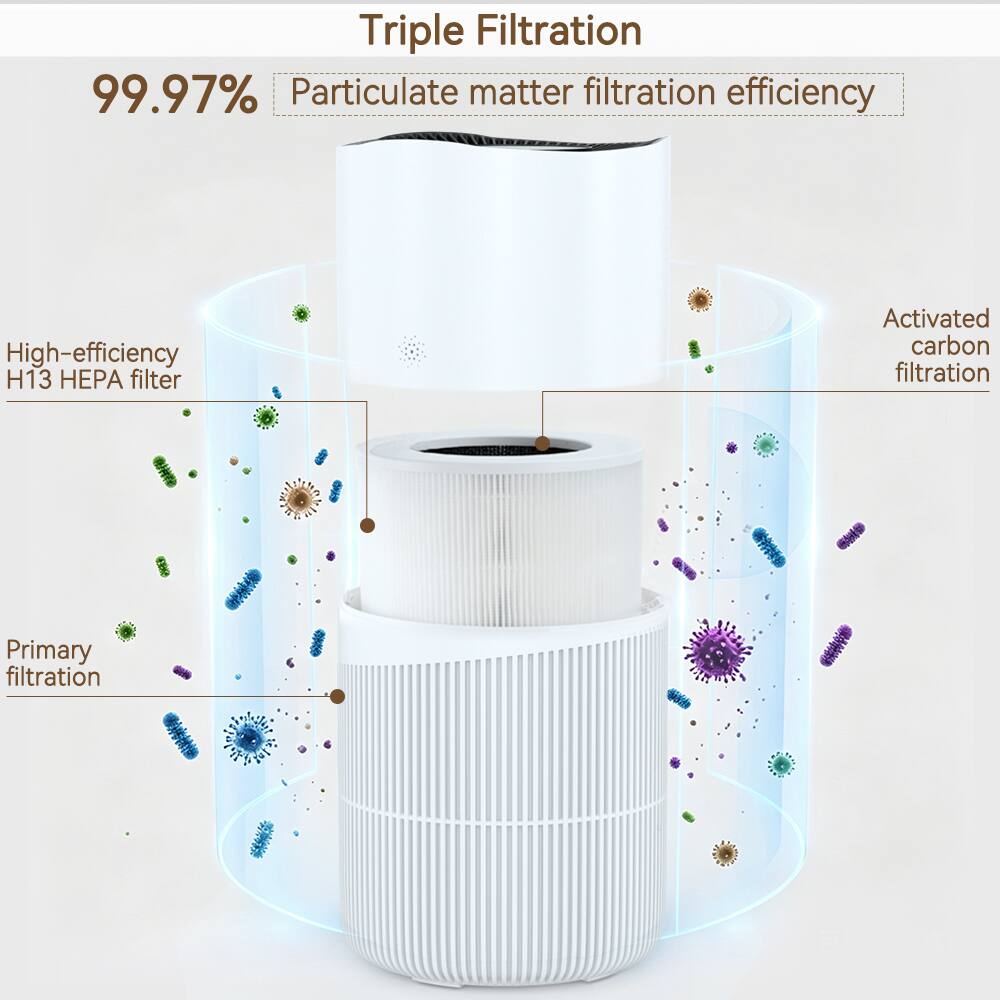 Triple Filtration  
99.97% Particulate matter filtration efficiency  
High-efficiency H13 HPA filter  
Activated carbon filtration  
Primary filtration