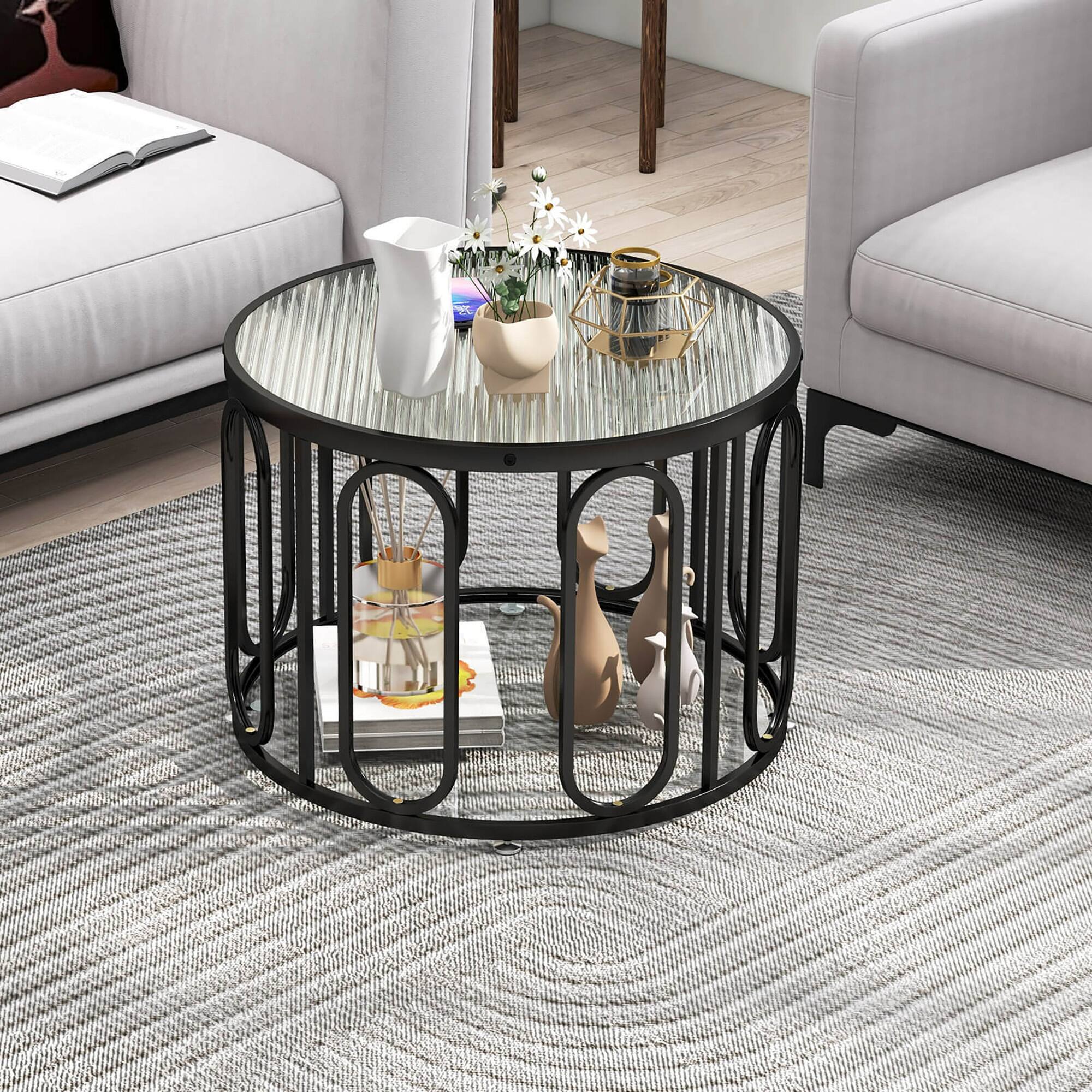 Alt View 8. Gymax - Gymax 2-Tier 24'' Round Coffee Table w/ Oval Swivel Brackets & Reeded Tempered Glass Black - Black.