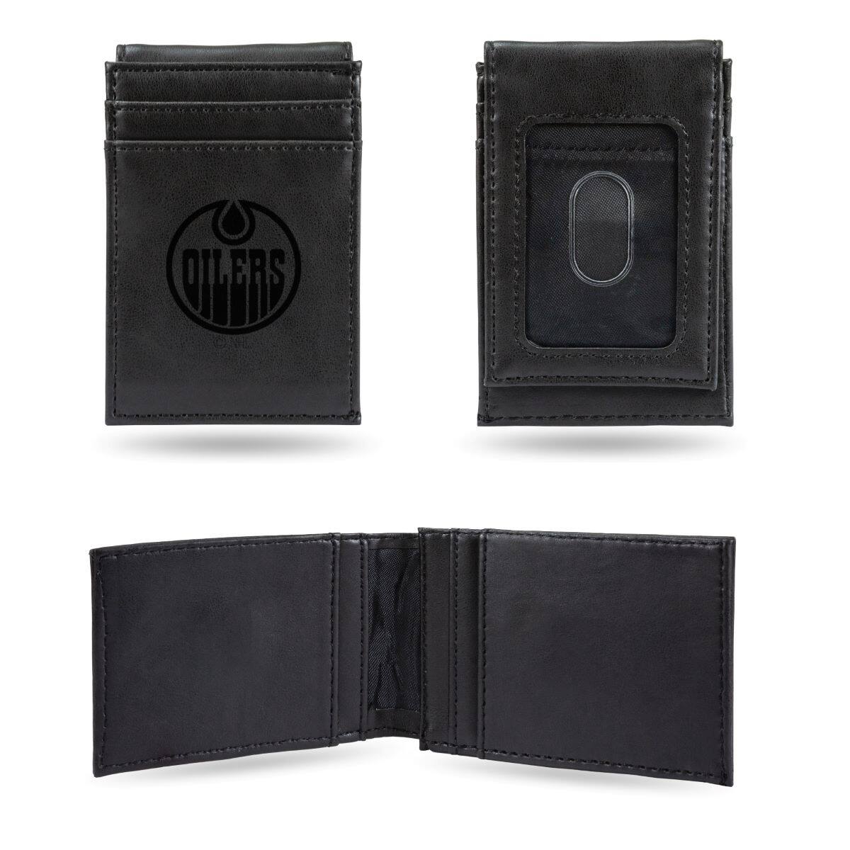Front. Rico Industries - Edmonton Oilers NHL Laser Engraved Black Front Pocket Wallet / Money Clip - Multi.