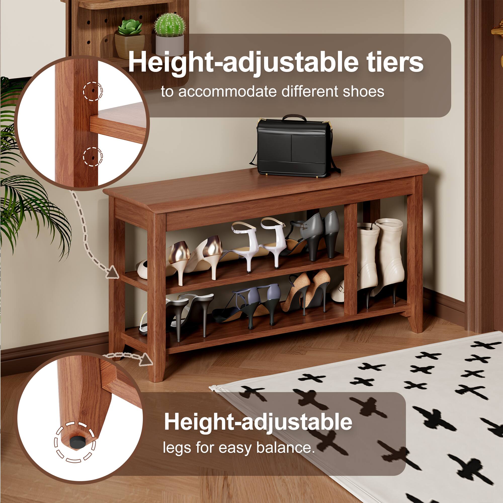 Height-adjustable tiers to accommodate different shoes  
Height-adjustable legs for easy balance.