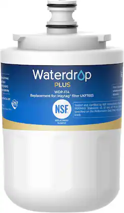 Waterdrop PLUS
WDP-F14
Replacement for: Maytag filter UKF7003
Tested and Certified by NSF International in accordance with NSF/ANSI Standards 42, 53 and 401 for the reduction of:
- Chlorine taste and odor
- Lead
NSF
REPLACEMENT ELEMENT
Filter Life: 6 months
6 kPa (whichever comes first)
24/7 International Co., Ltd.
2017
Performance Data Sheet, as specified on the lead.