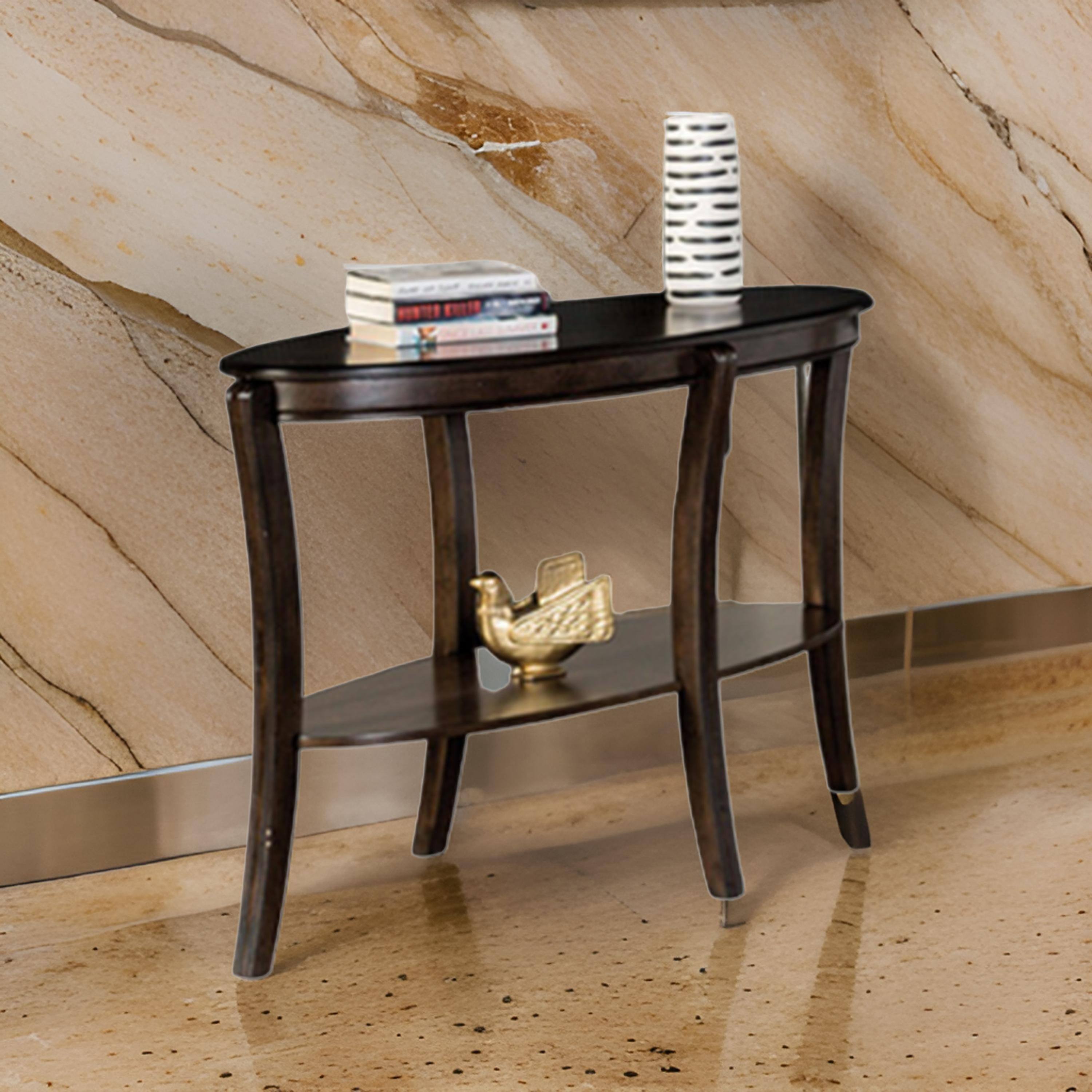 Alt View 5. Manhattan Lane - Orio Sofa Table, Open Shelves, 49 Inch Oval Top, Curved Legs, Brown Wood - Walnut Brown.