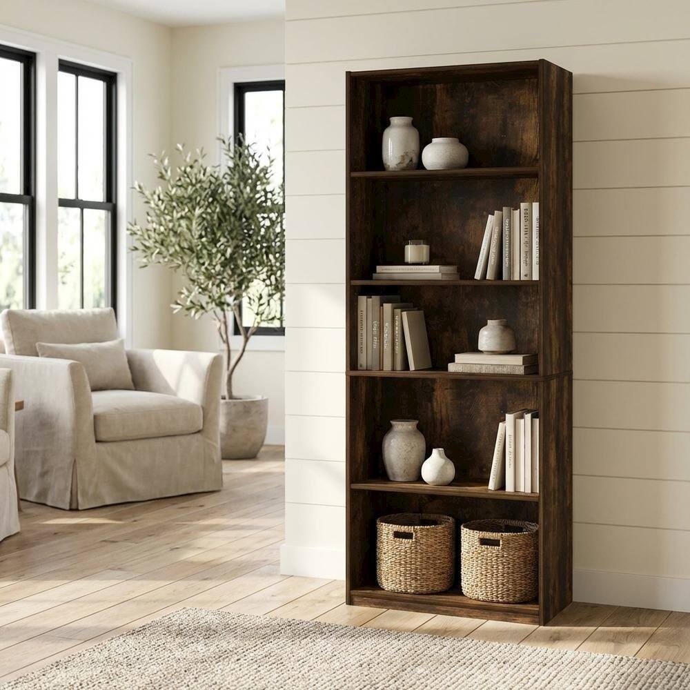 Left. FurniFact - Wood Bookcase with Adjustable Shelves and Modern Design - Amber Pine.