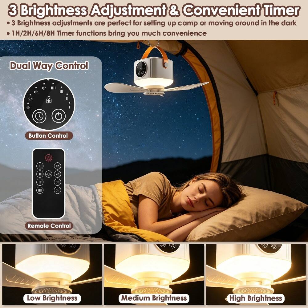 3 Brightness Adjustment & Convenient Timer  
3 Brightness adjustments are perfect for setting up camp or moving around in the dark  
1H/2H/6H/8H Timer functions bring you much convenience  

Dual Way Control  
6h 8h IIII III  
2h II  
1h Button Control  
G I  
1h o 2h . d 1 8h  

Remote Control  
Low Brightness  
Medium Brightness  
High Brightness
