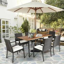 Mondawe - 7 Pieces Patio Rattan Cushioned Dining Set with Umbrella Hole - White