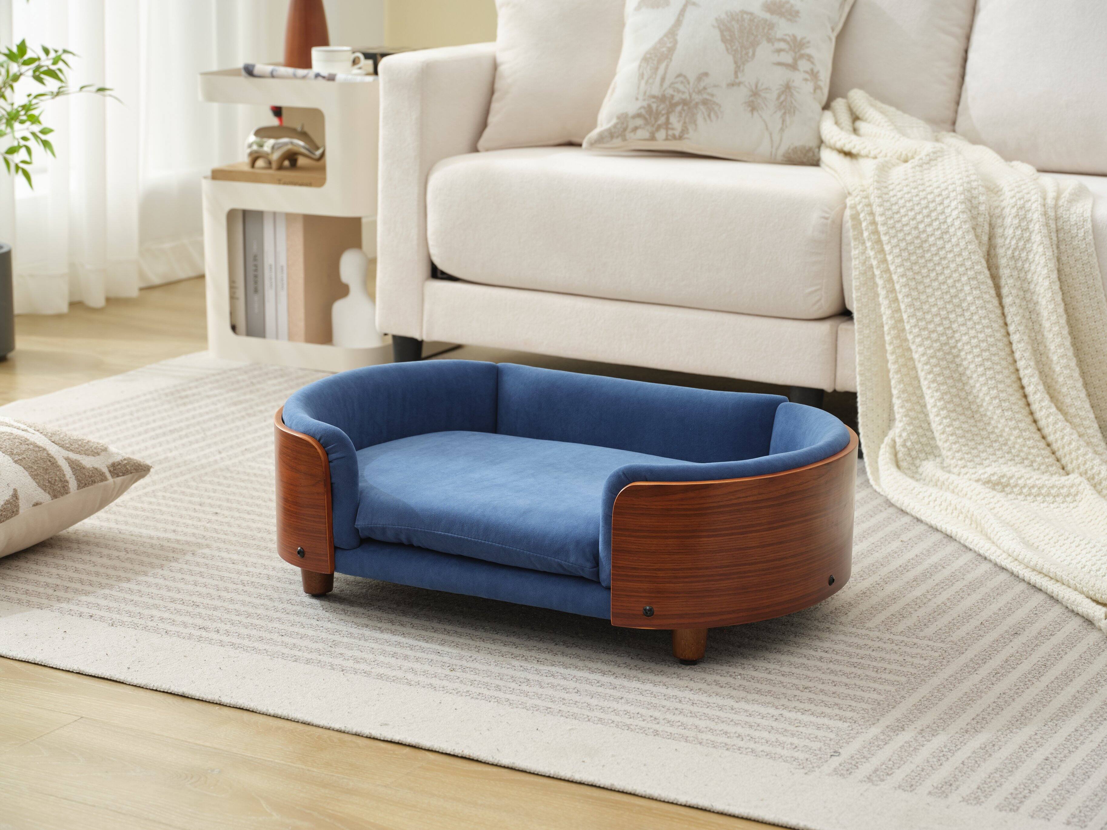 Alt View 7. Siljoy - Mid‑Size Scandinavian Pet Sofa, Walnut & Dark Blue Velvet, Elevated Orthopedic Dog Bed - Dark Blue.