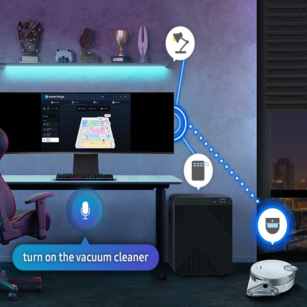 The text on the image reads: "SmartThings I - e12 turn on the vacuum cleaner."