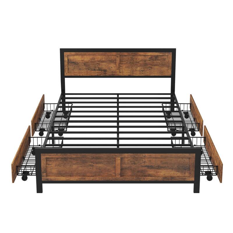 Alt View 1. Dyonery - Dyonery retro style bed frame, with 4 detachable pulley storage baskets, easy installation, and thickened metal frame - Wood.