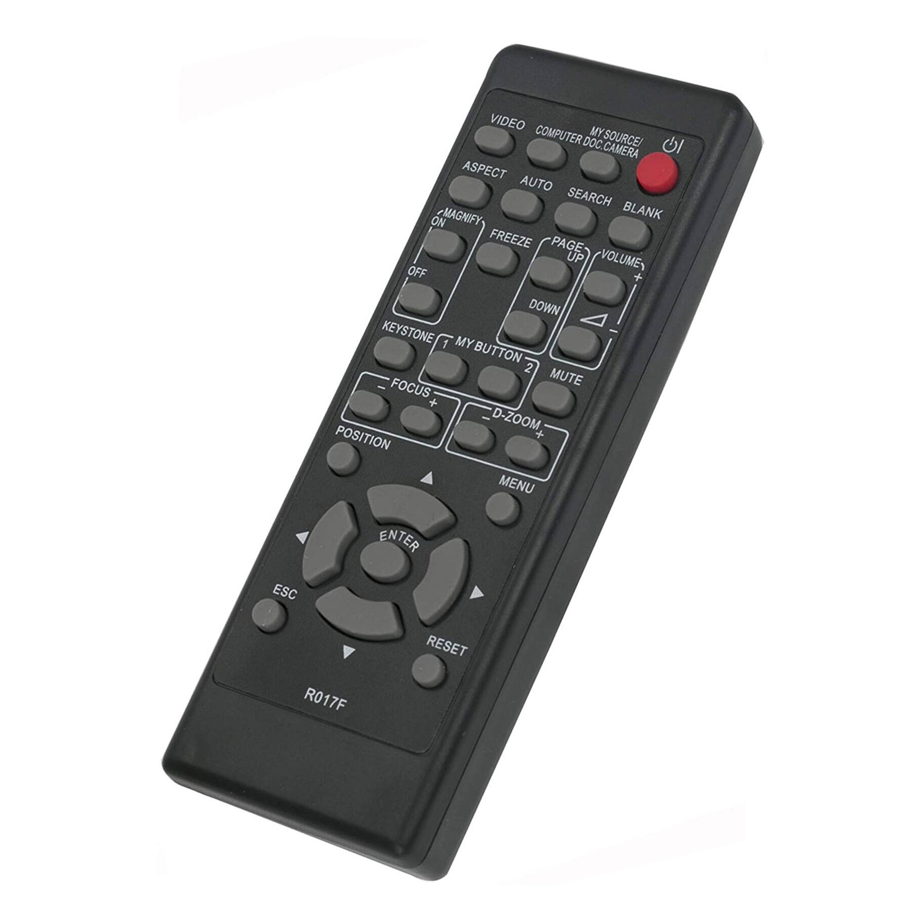 VIDEO COMPUTER DOC/CAMERA  
MY SOURCE:  
ASPECT AUTO SEARCH BLANK  
MAGNIFY FREEZE PAGE UP VOLUME +  
DOWN MENU  
KEYSTONE 1 MY BUTTON 2 MUTE  
FOCUS + D-ZOOM +  
POSITION  
ENTER RESET  
ESC  
R017F