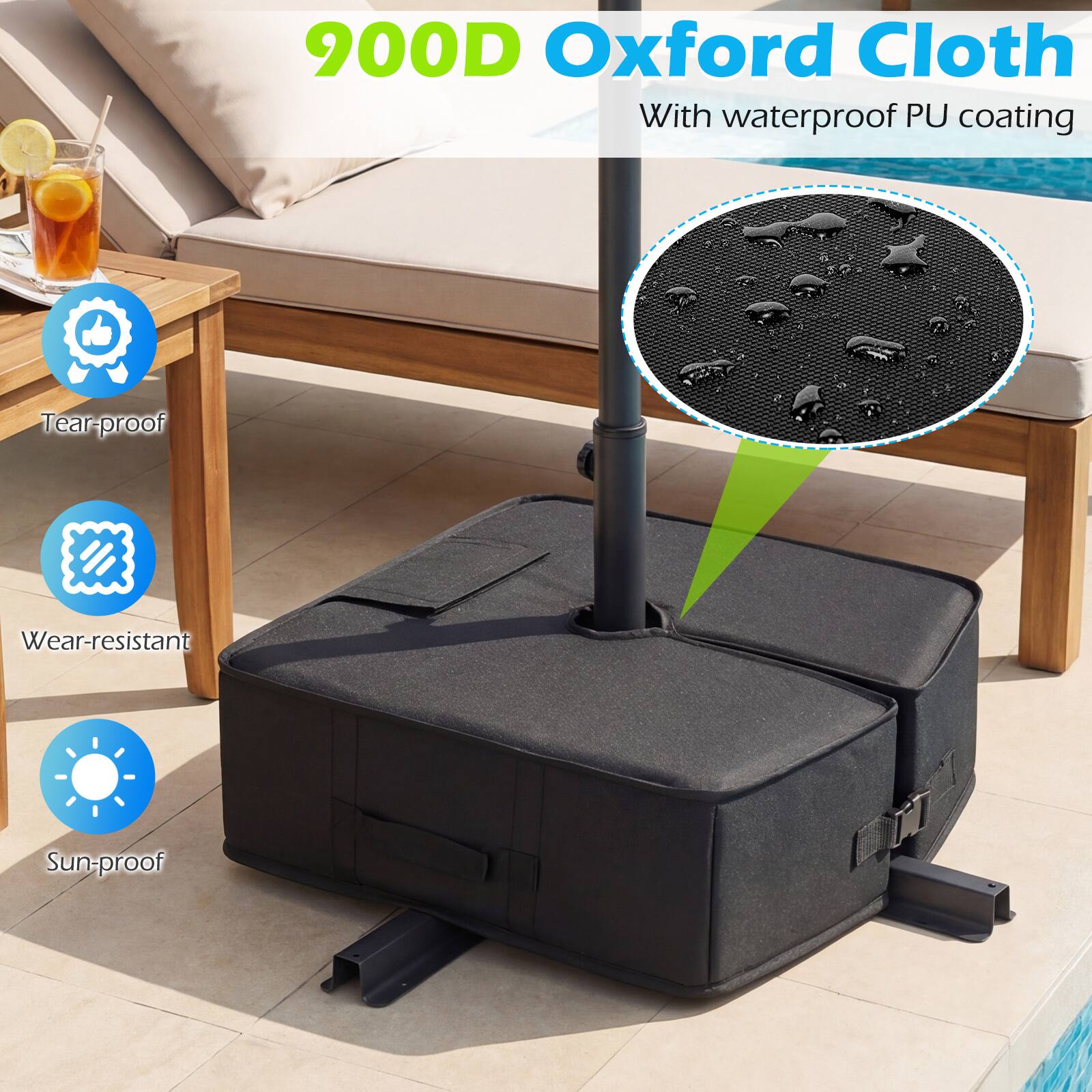 900D Oxford Cloth  
With waterproof PU coating  

- Tear-proof  
- Wear-resistant  
- Sun-proof