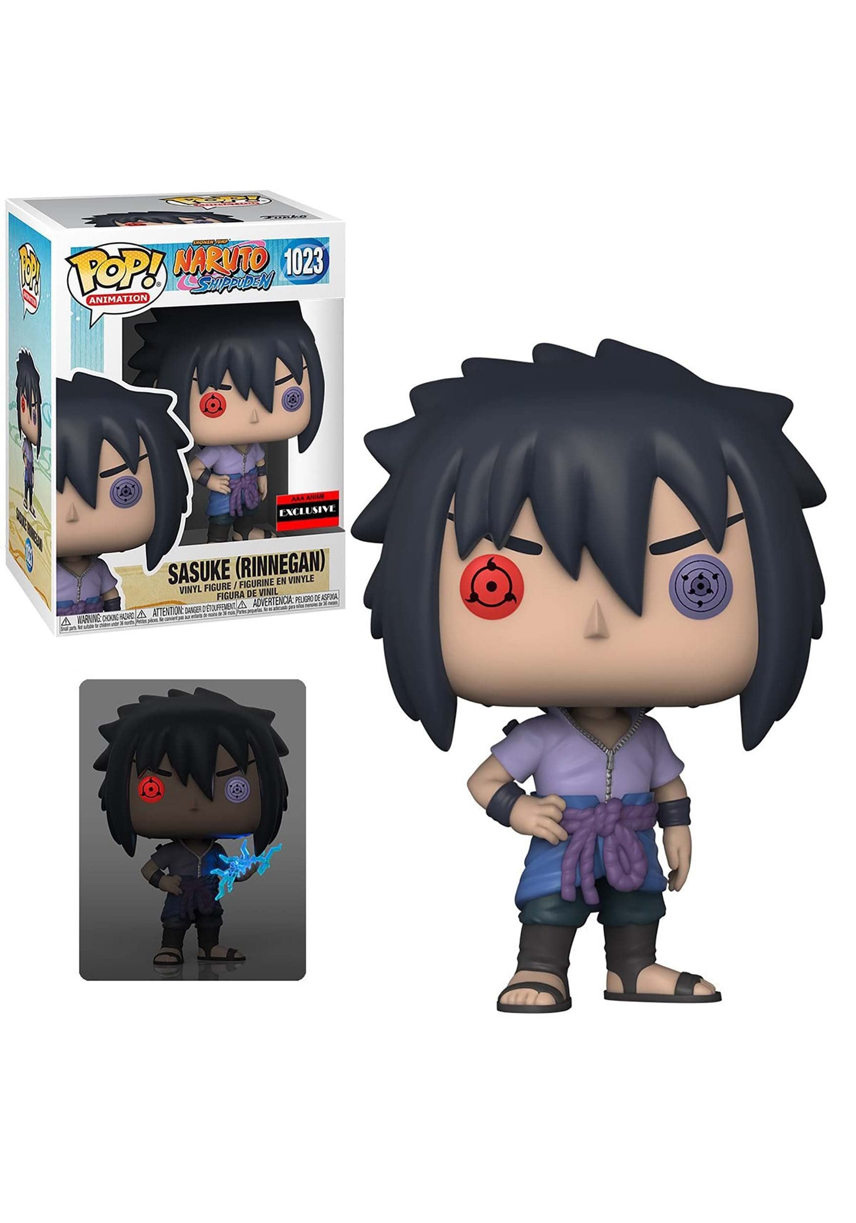 POP! NARUTO 1023 SHIPPUDEN ANIMATION  
AAA AMAR EXCLUSIVE  
SASUKE (RINNEGAN) VINYLE FIGURINE EN FIGURE / VINYL DE VIMIL FIGURA ADVERTENCIA: PEUGRO DE ASFOU ATTENTION: DANGUE Alterant CHOCIGNAZIONIC A A WARNING:
