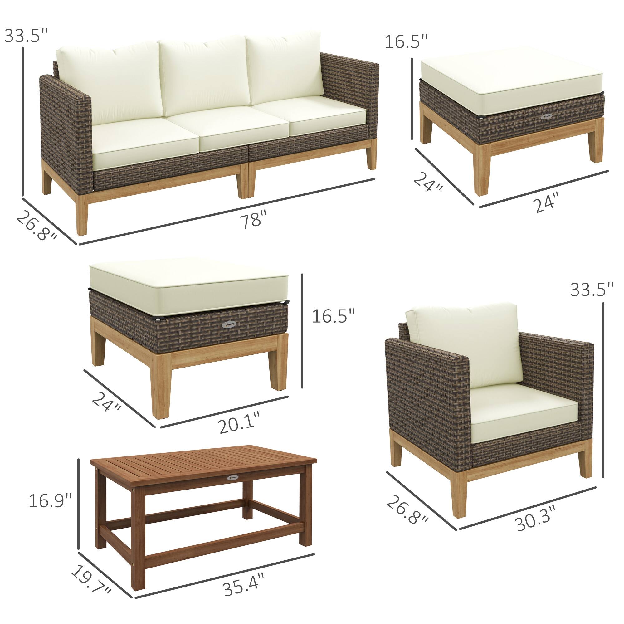 - Sofa: 78" (length) x 33.5" (height) x 26.8" (depth)
- Ottoman: 24" (width) x 24" (depth) x 16.5" (height)
- Coffee Table: 35.4" (length) x 19.7" (width) x 20.1" (height)
- Armchair: 30.3" (width) x 26.8" (depth) x 33.5" (height)