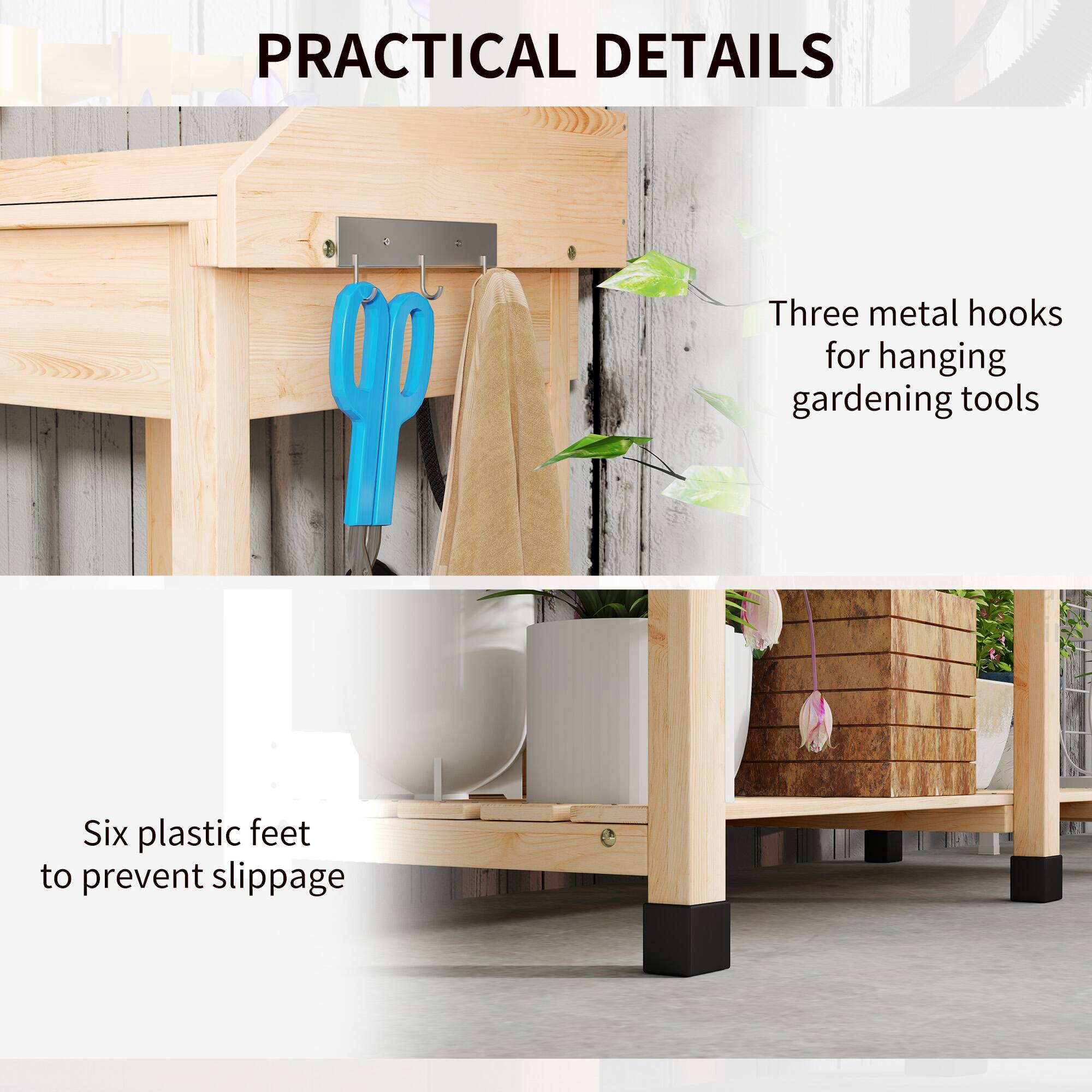 PRACTICAL DETAILS

Three metal hooks for hanging gardening tools
Six plastic feet to prevent slippage