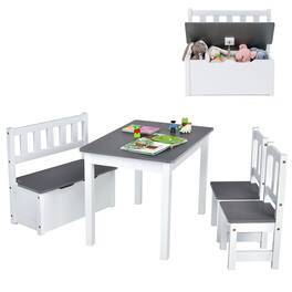 Costway - 4 PCS Kids Wooden Activity Table & Chairs Set with Storage Bench Study Desk - Grey,White