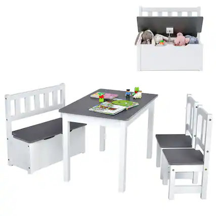 Front. Costway - Costway 4 PCS Kids Wooden Activity Table & Chairs Set with Storage Bench Study Desk - Grey,White.