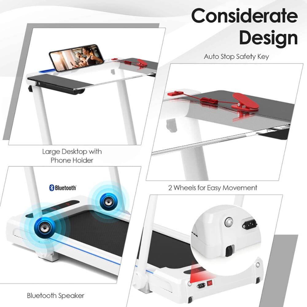 Considerate Design  
Auto Stop Safety Key  
Large Desktop with Phone Holder  
Bluetooth Speaker  
2 Wheels for Easy Movement